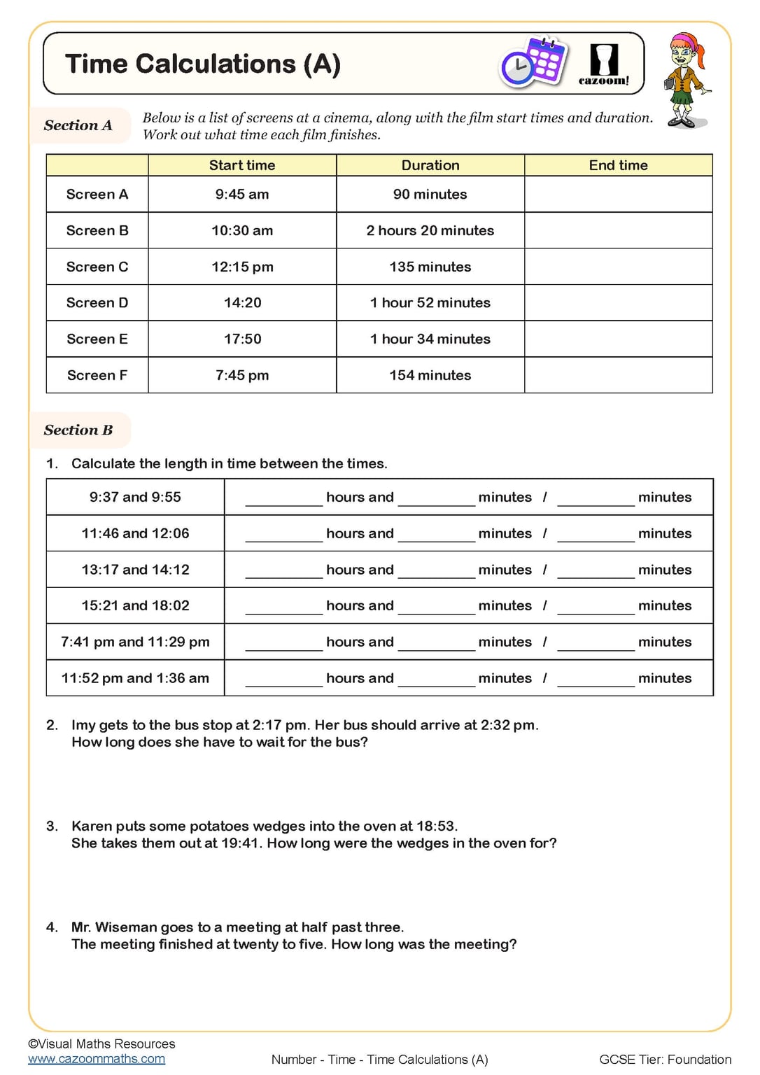 Time Calculations (A) Worksheet Cazoom Maths Worksheets