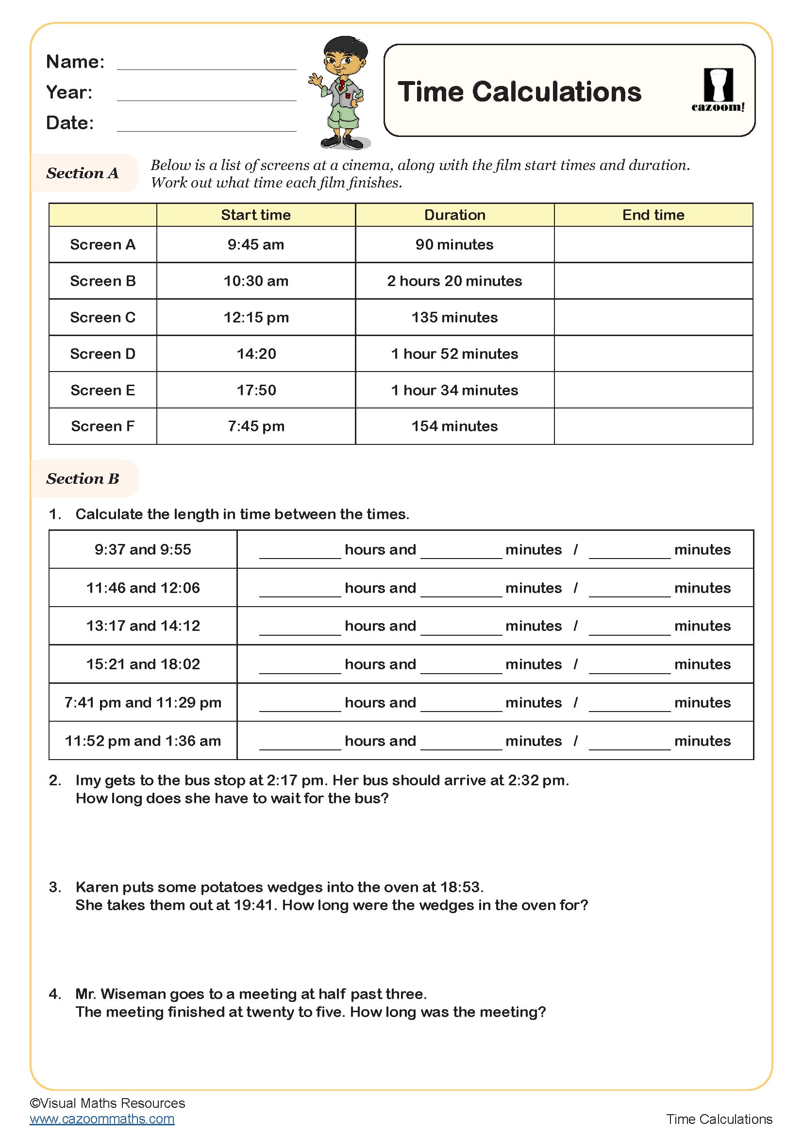 Time Calculations A Worksheet