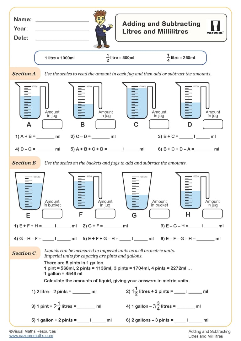Adding And Subtracting Litres And Millilitres Worksheet Fun And