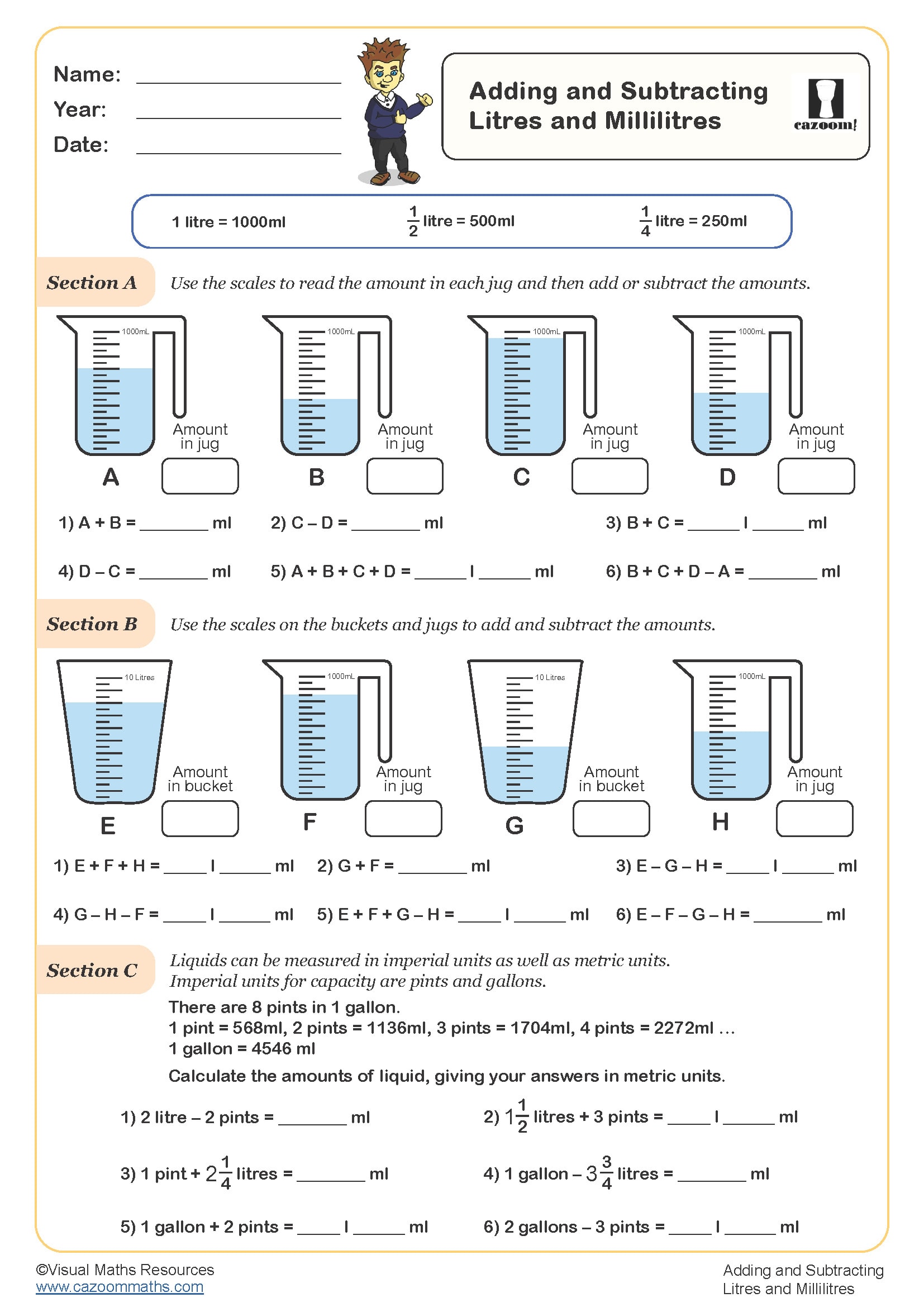 Adding and Subtracting Litres and Millilitres Worksheet Fun and