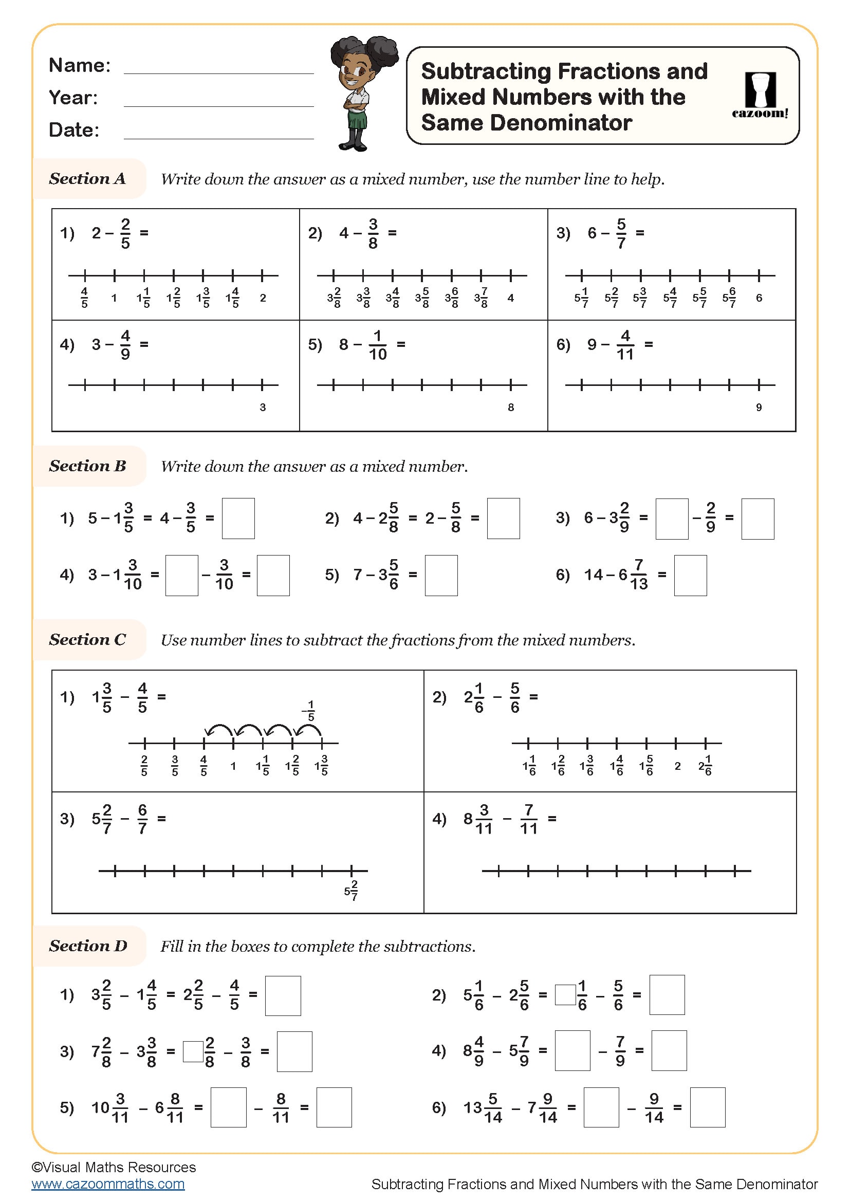 Preview of Subtracting Fractions and Mixed Numbers with the Same Denominator