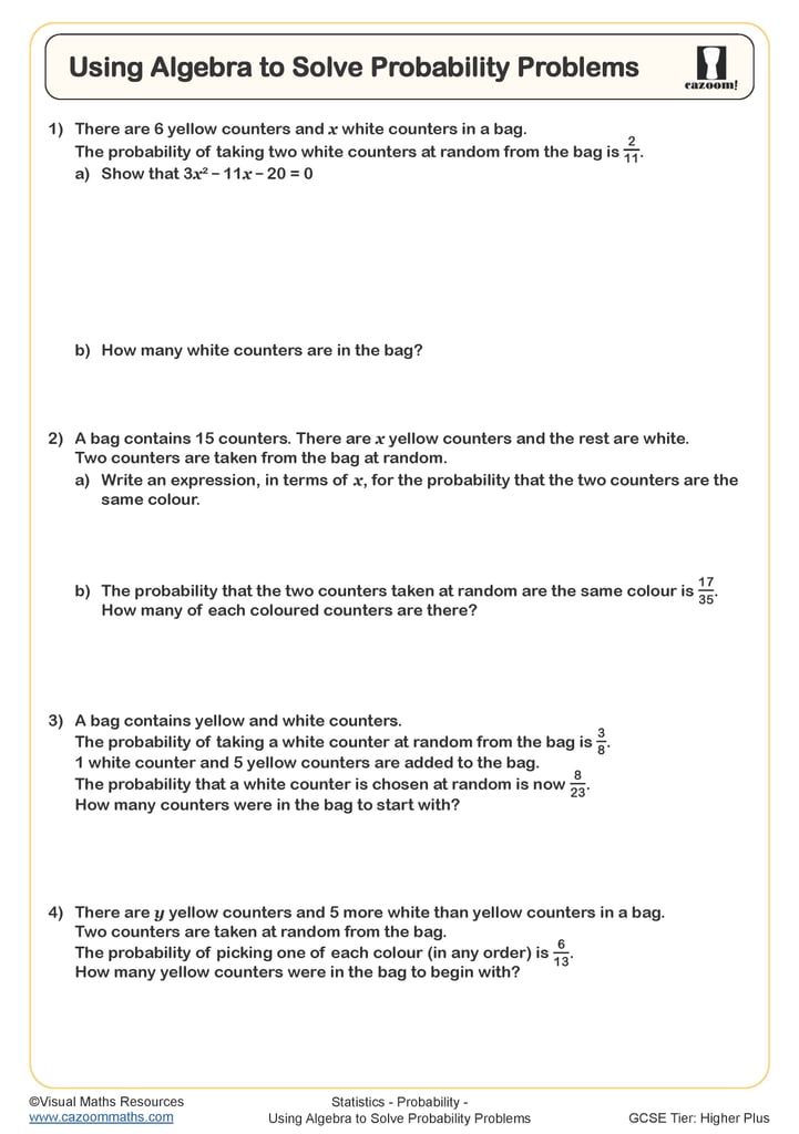 Using Algebra to Solve Probability Problems Worksheet | Fun and ...