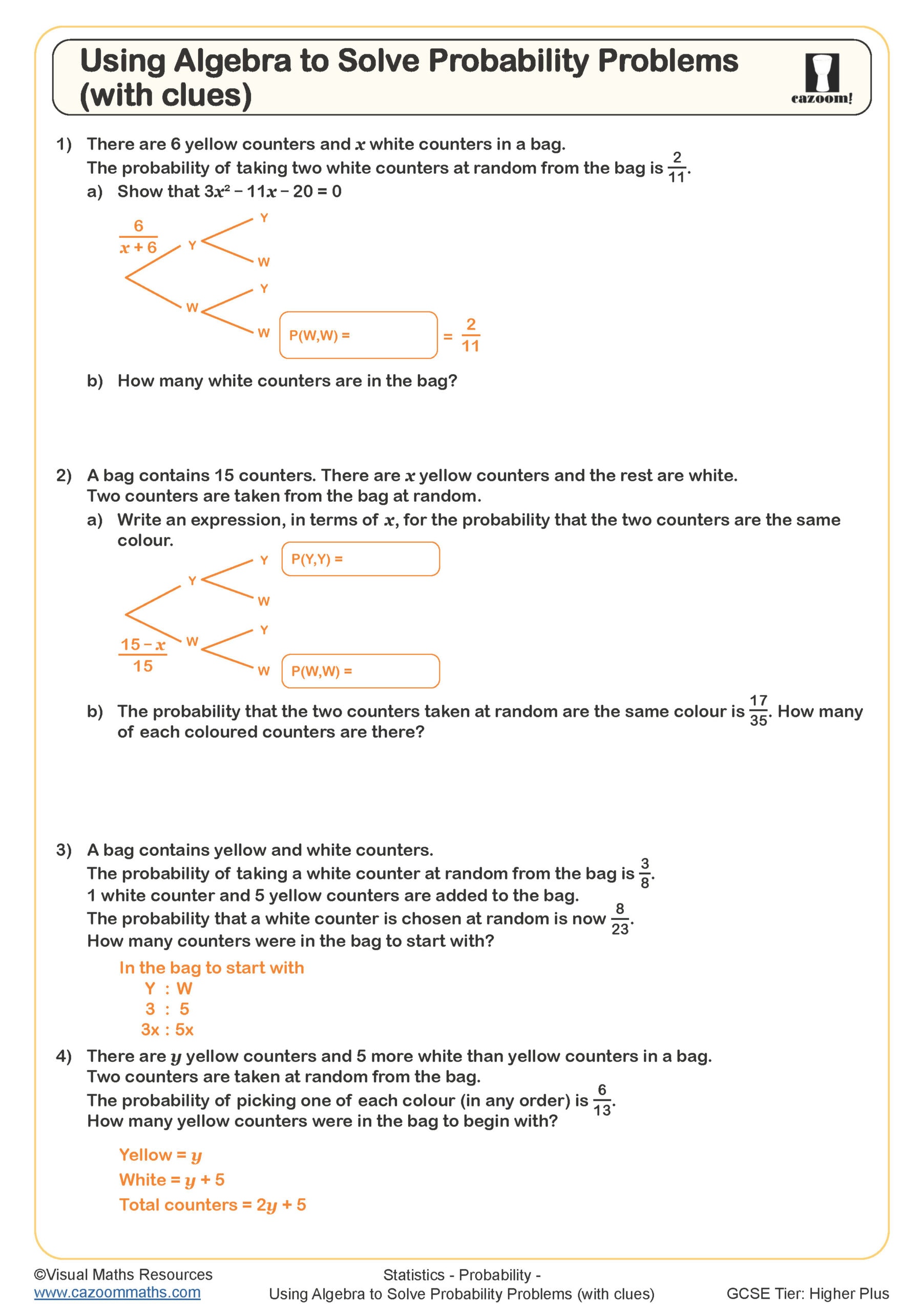 Using Algebra To Solve Probability Problems With Clues Worksheet Scaled