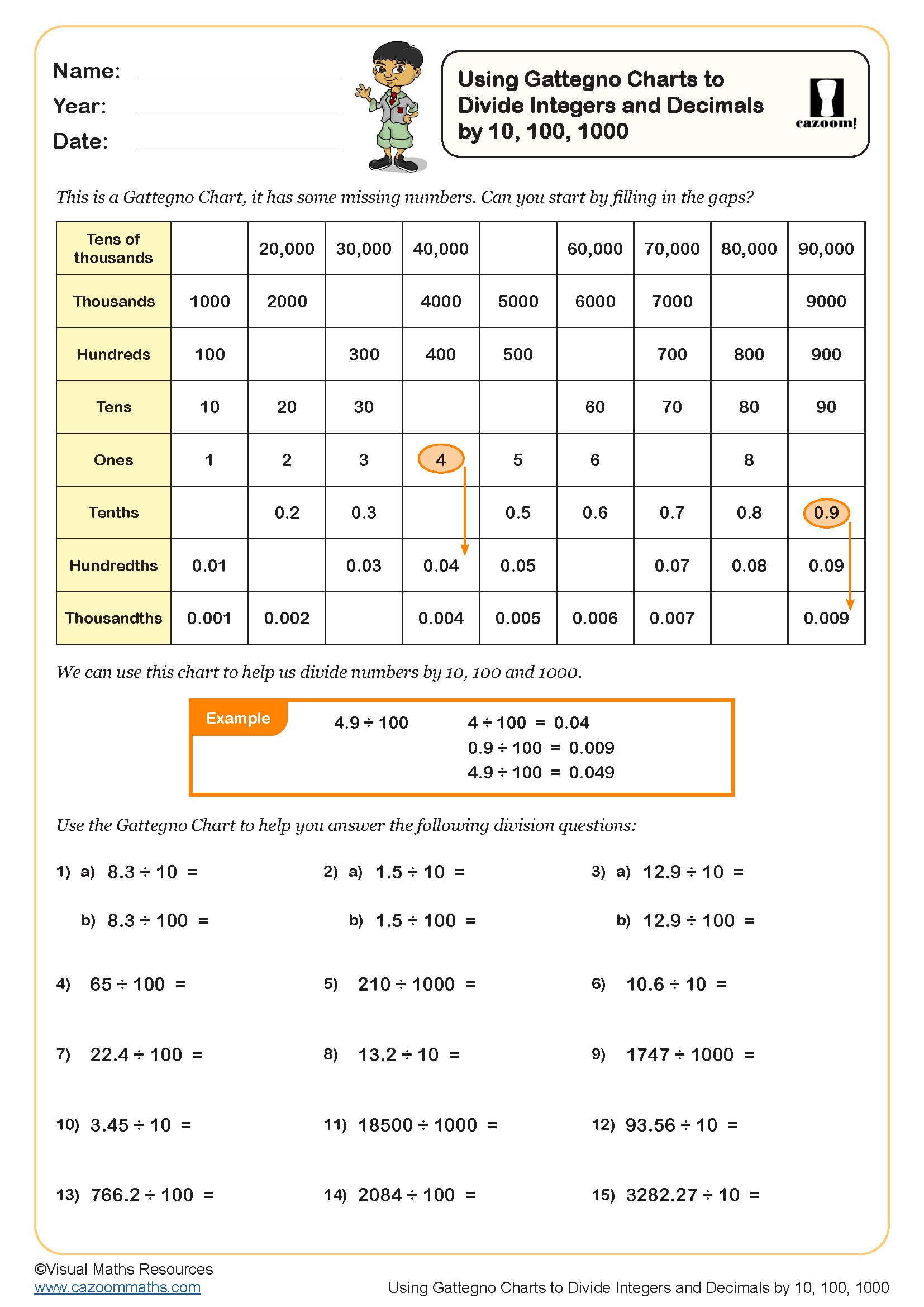 Preview of Using Gattegno Charts to Divide Integers and Decimals by 10, 100, 1000