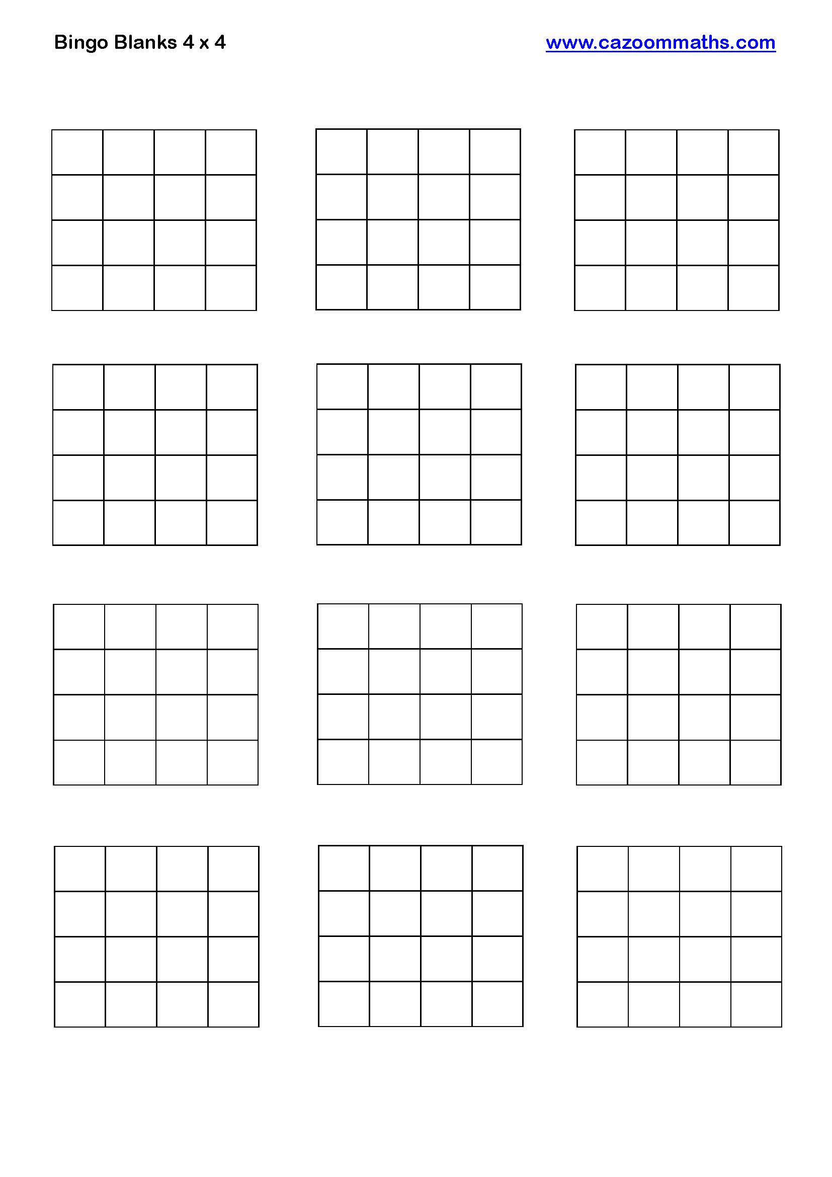 Cazoom Maths Teaching Resources Bingo Blanks 4 X 4