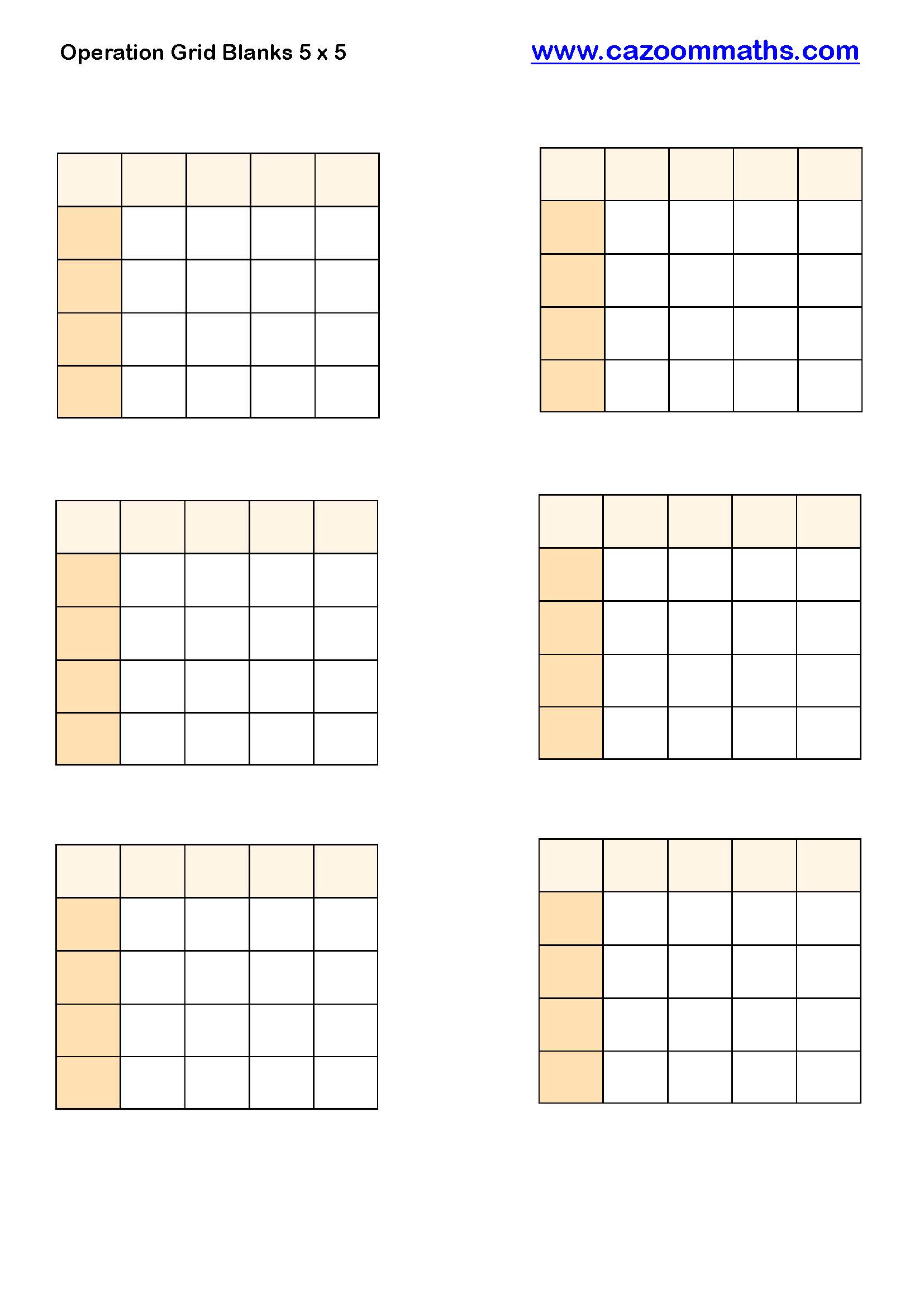 Cazoom Maths Teaching Resources Operation Grid Blanks 5 X 5