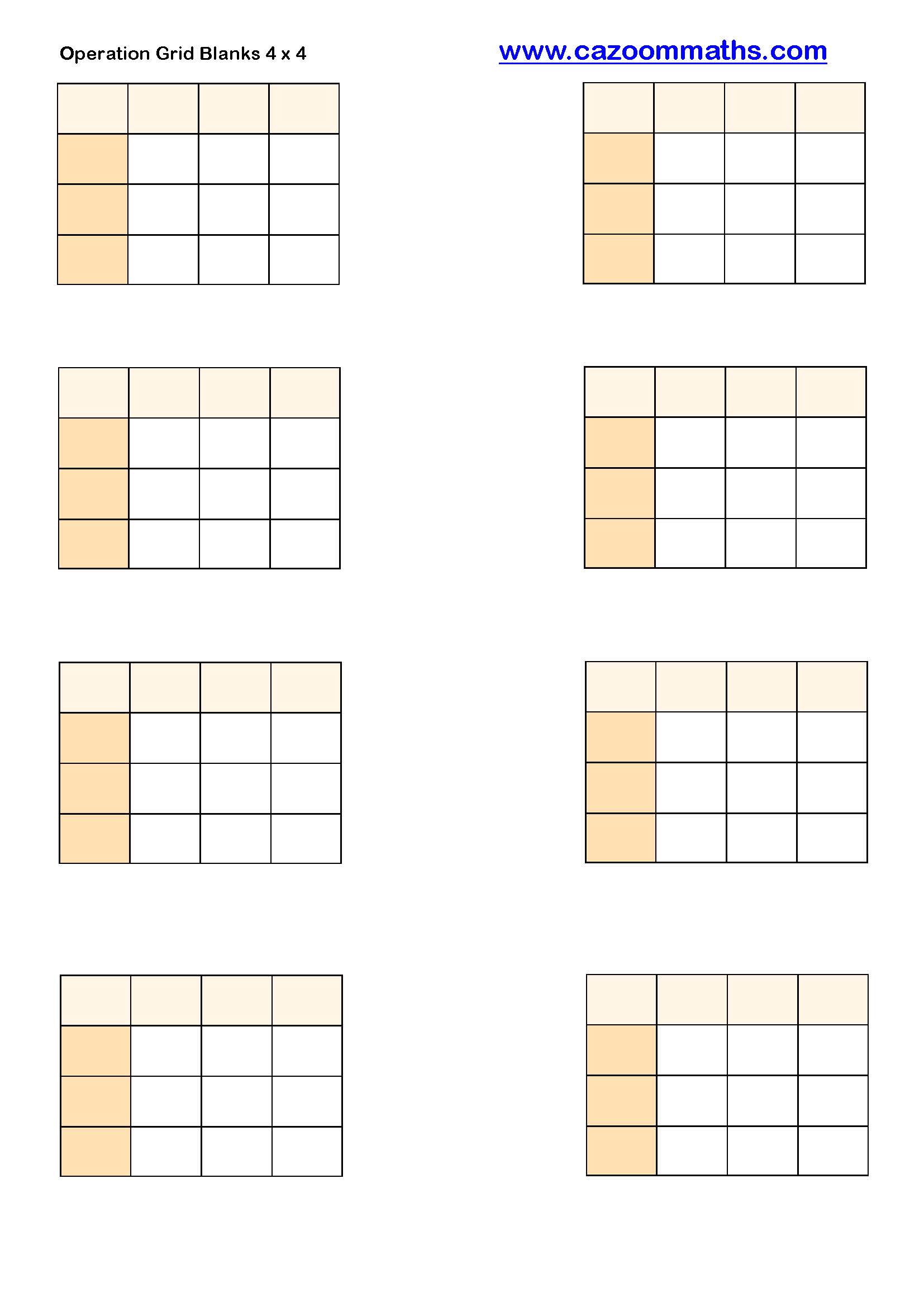 Cazoom Maths Teaching Resources Operation Grid Blanks