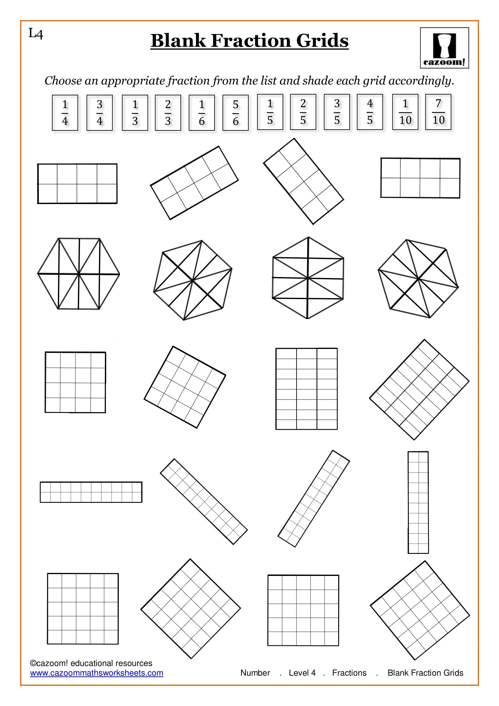 Cazoom Maths Teaching Tools Blank Fraction Shading Grids 2