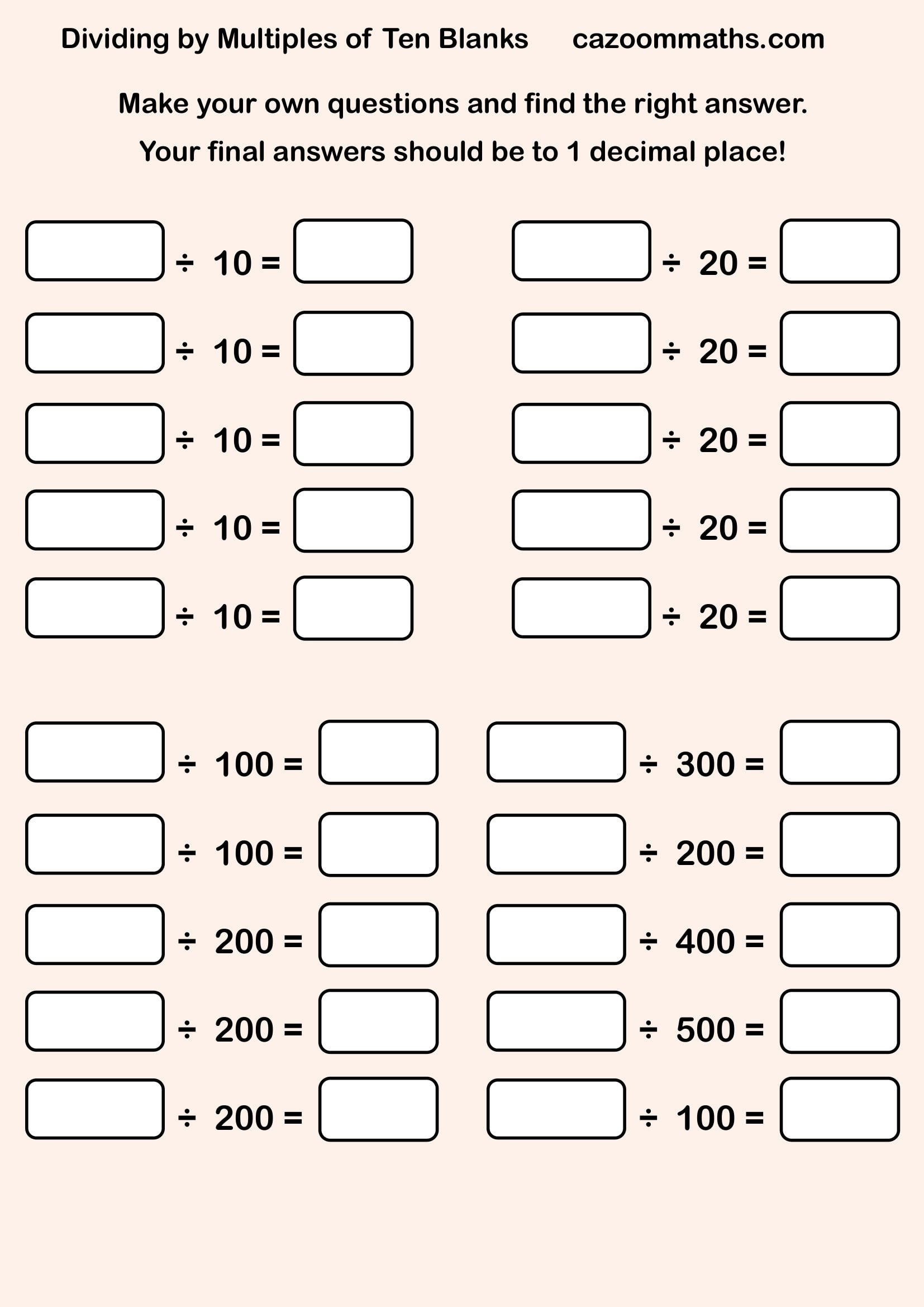 Cazoom Maths Teaching Tools Dividing By Tens Blanks Harder