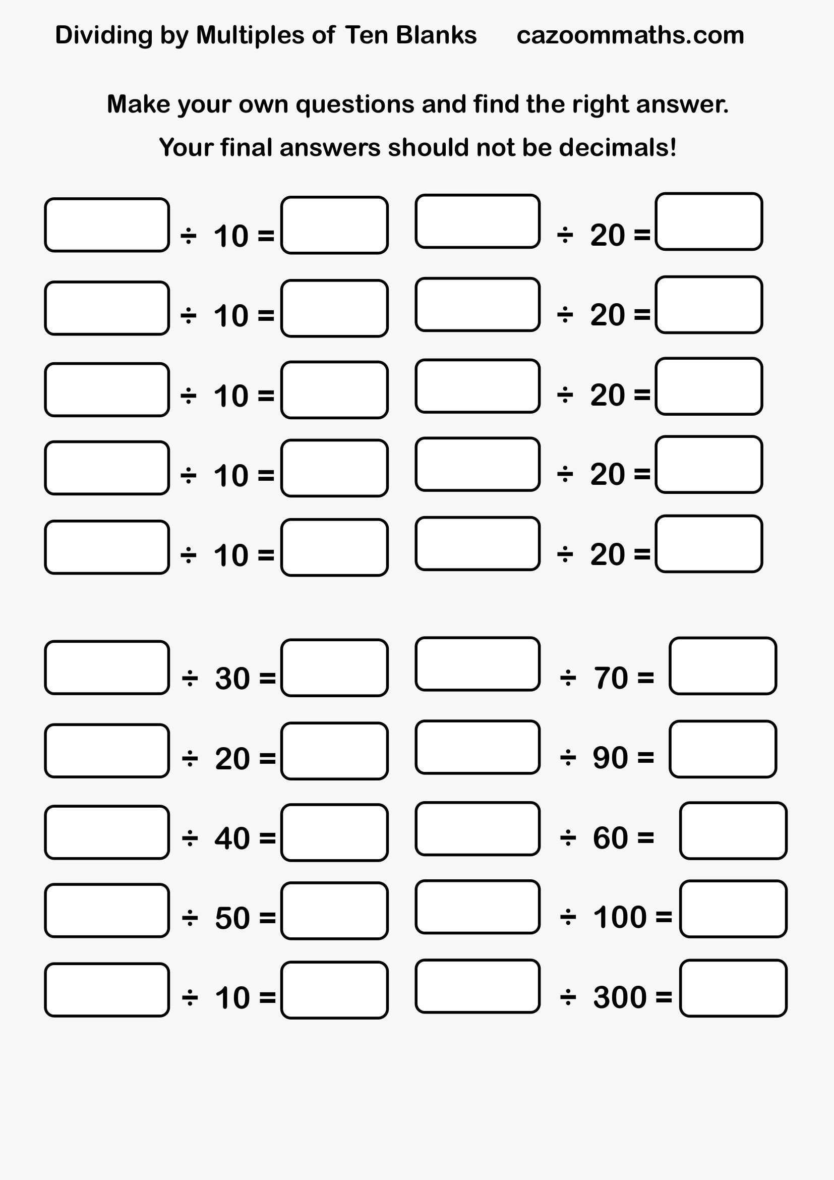 Cazoom Maths Teaching Tools Dividing By Tens Blanks