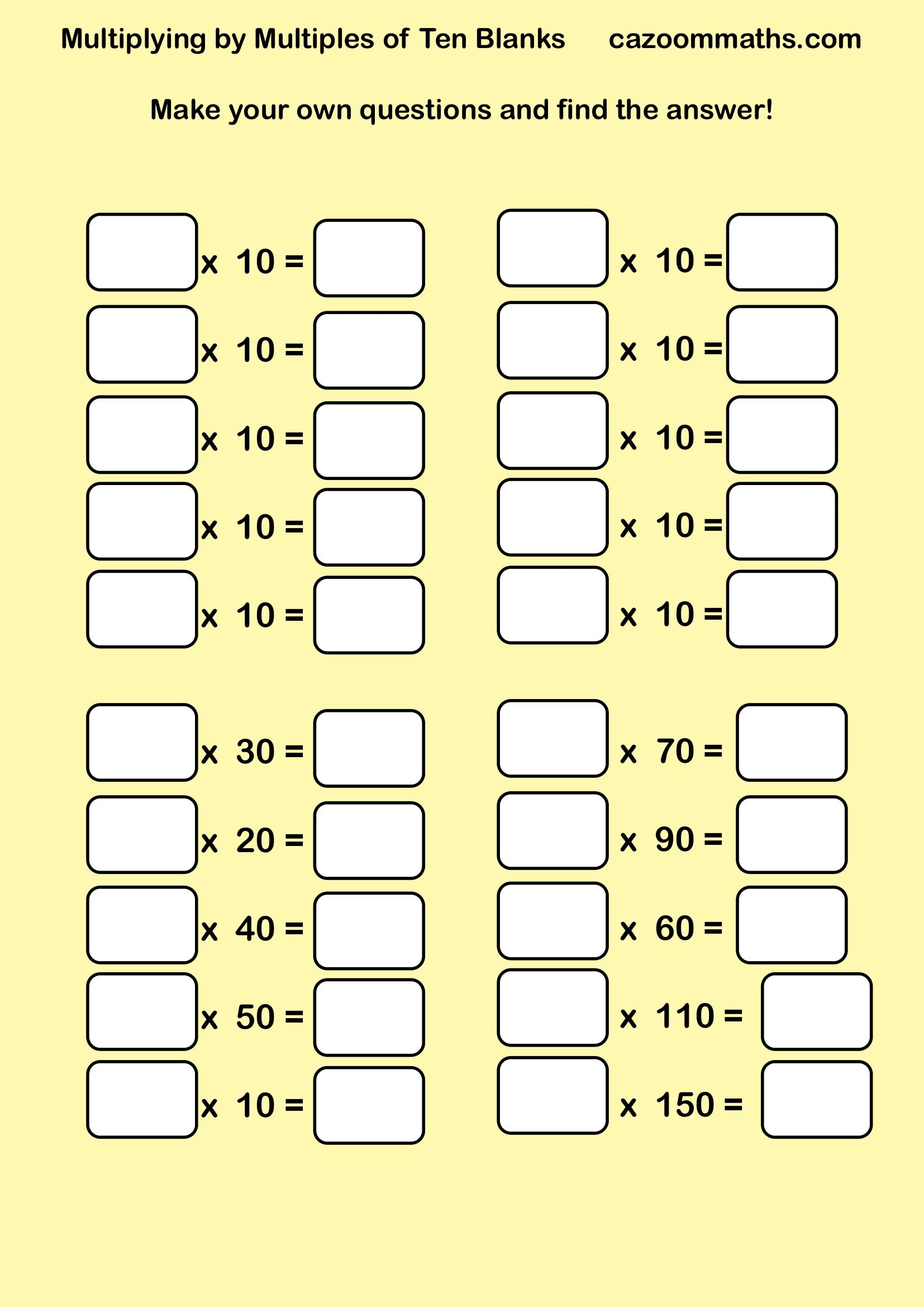 Cazoom Maths Teaching Tools Multiplying By Ten Blanks