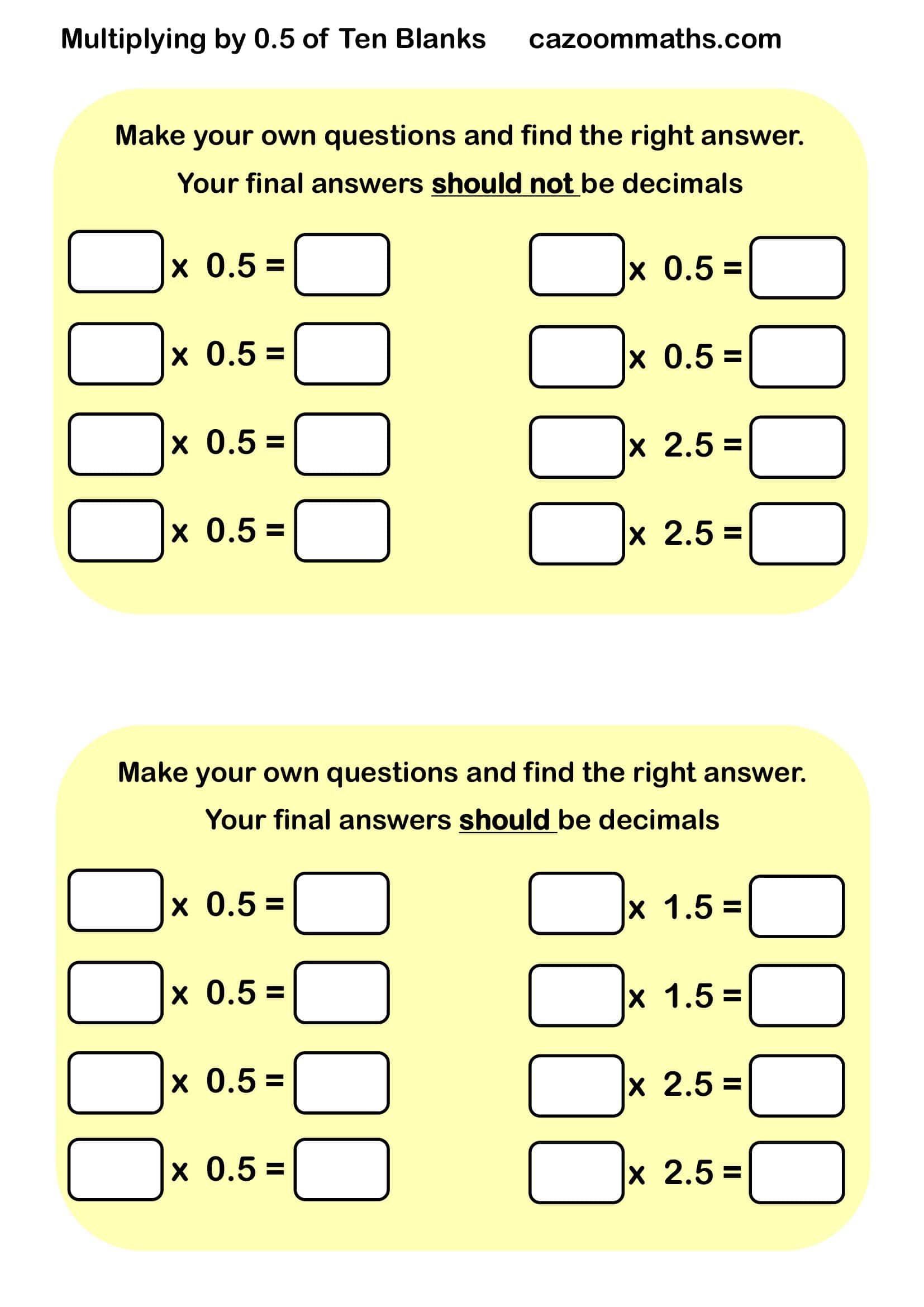 Cazoom Maths Teaching Tools Multiplying By Zero Point Five Blanks