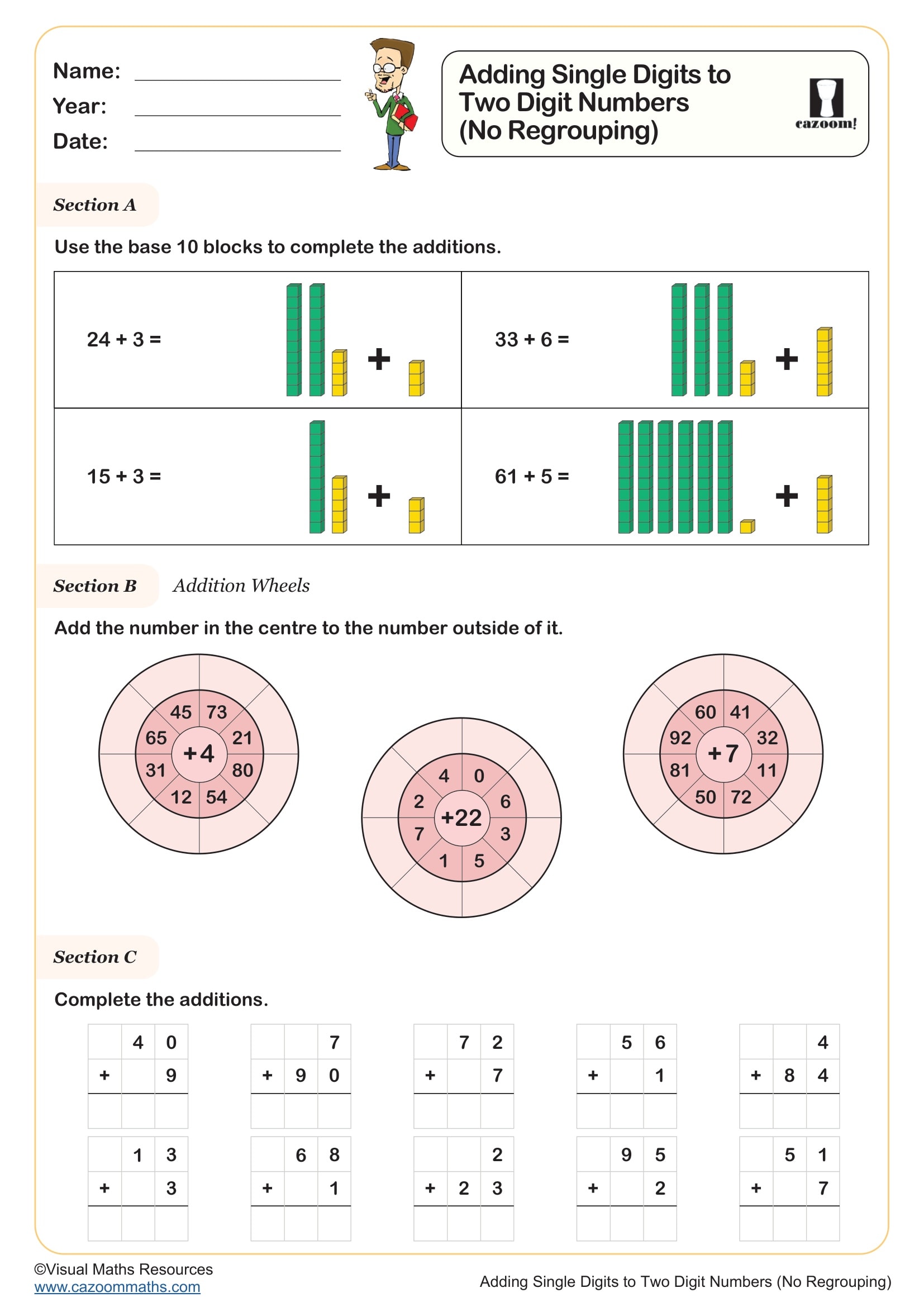 Cazoom Maths Adding Single Digits To Two Digit Numbers No Regrouping
