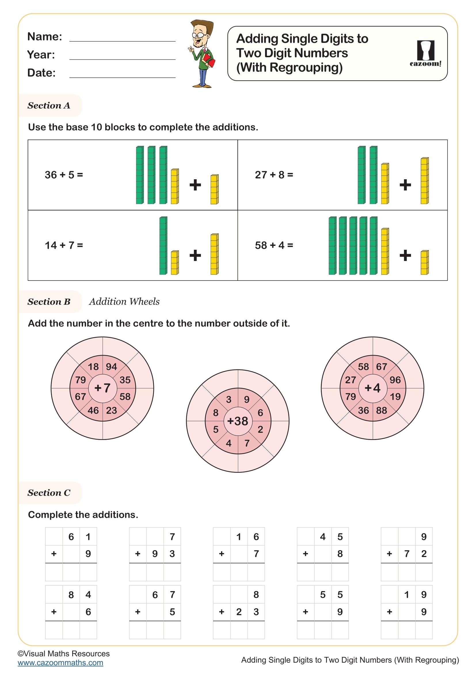 Preview of Adding Single Digits to Two Digit Numbers (With Regrouping)