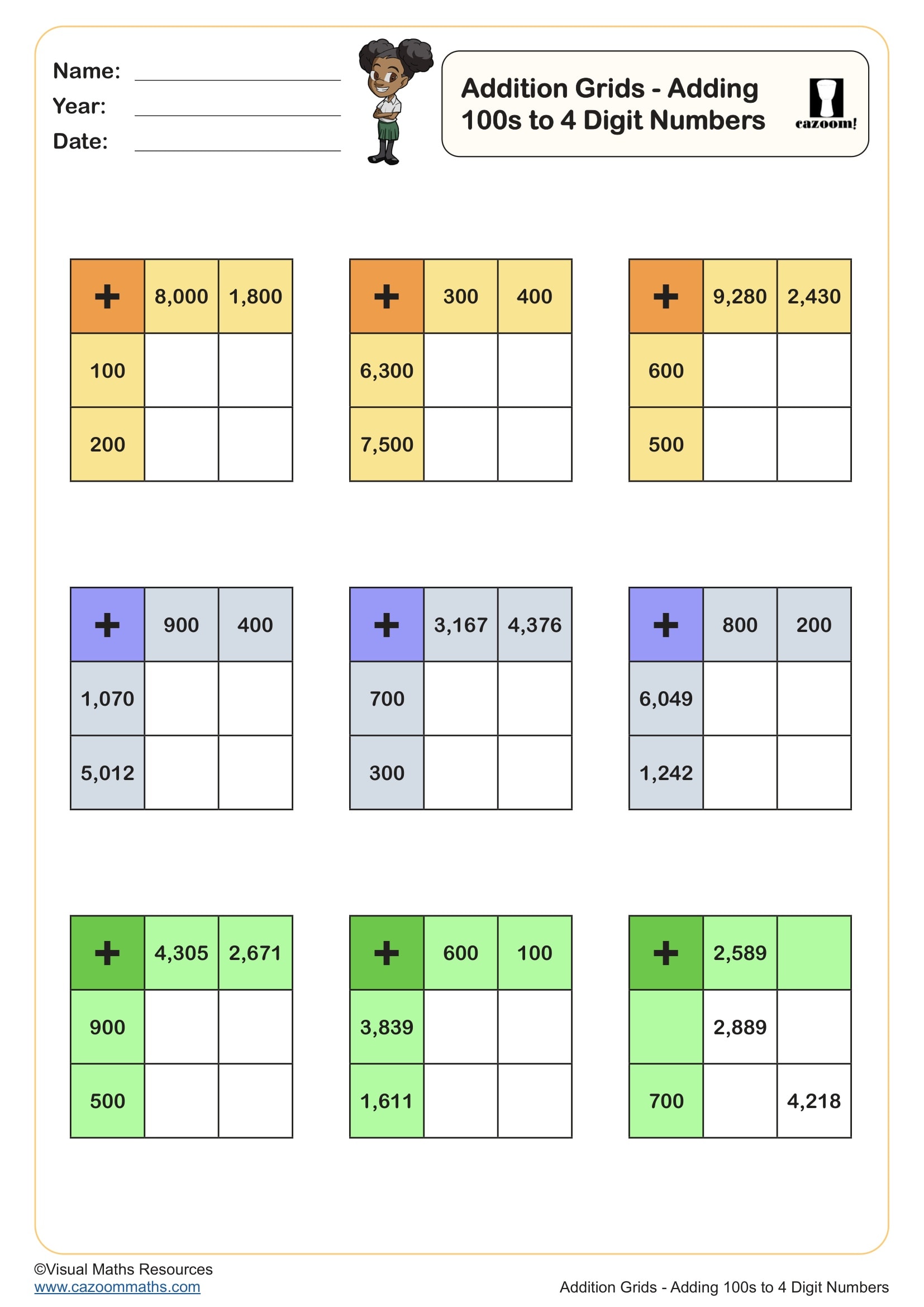 Preview of Addition Grids Adding 100s to 4 Digit Numbers