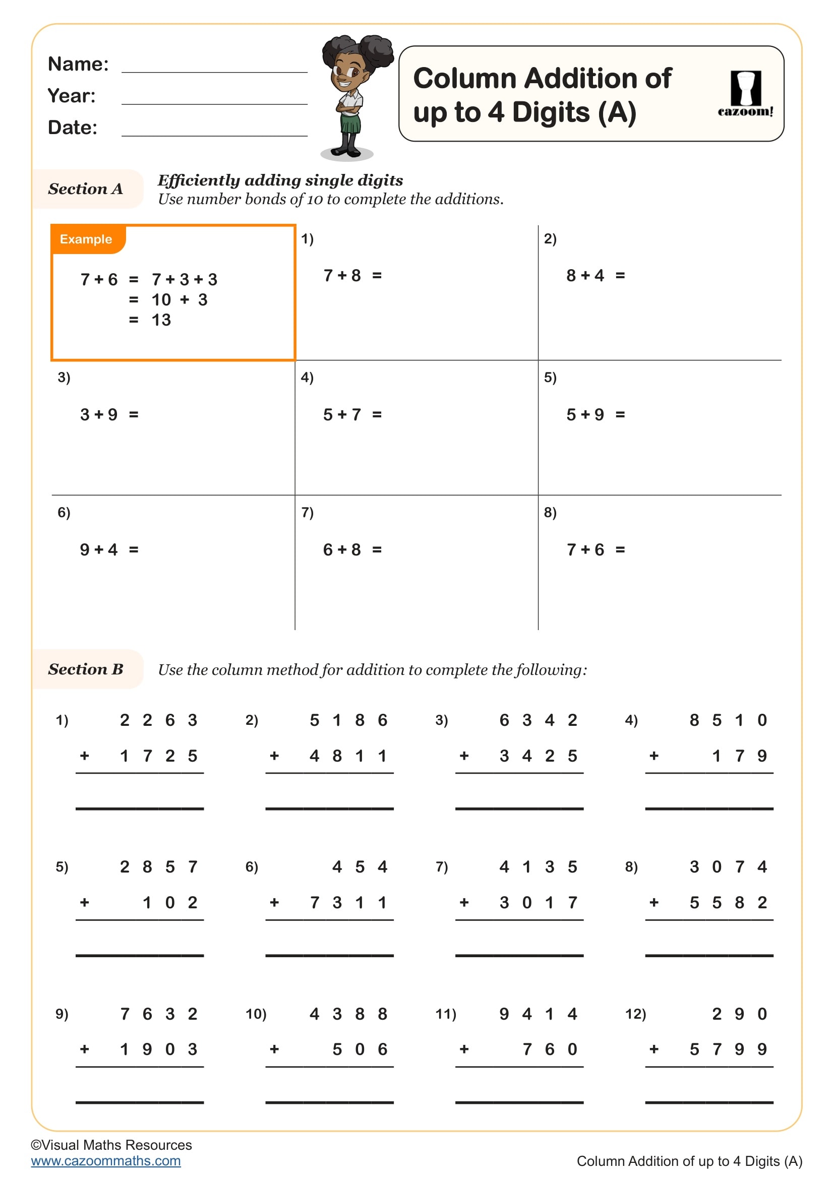Preview of Column Addition of up to 4 Digits (A)