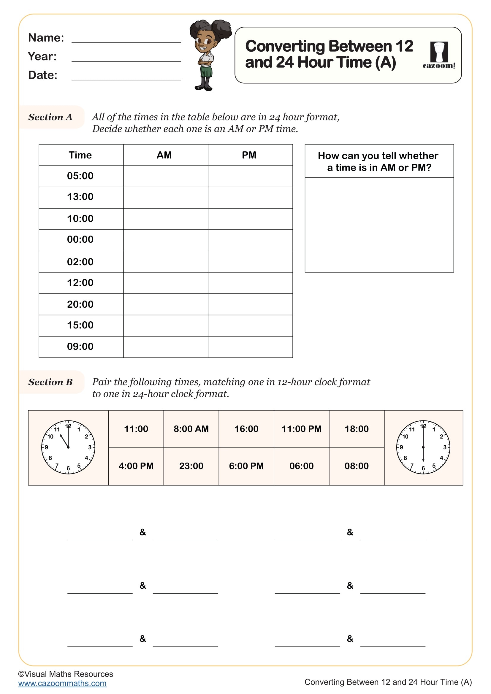 Cazoom Maths Converting Between 12 And 24 Hour Time A