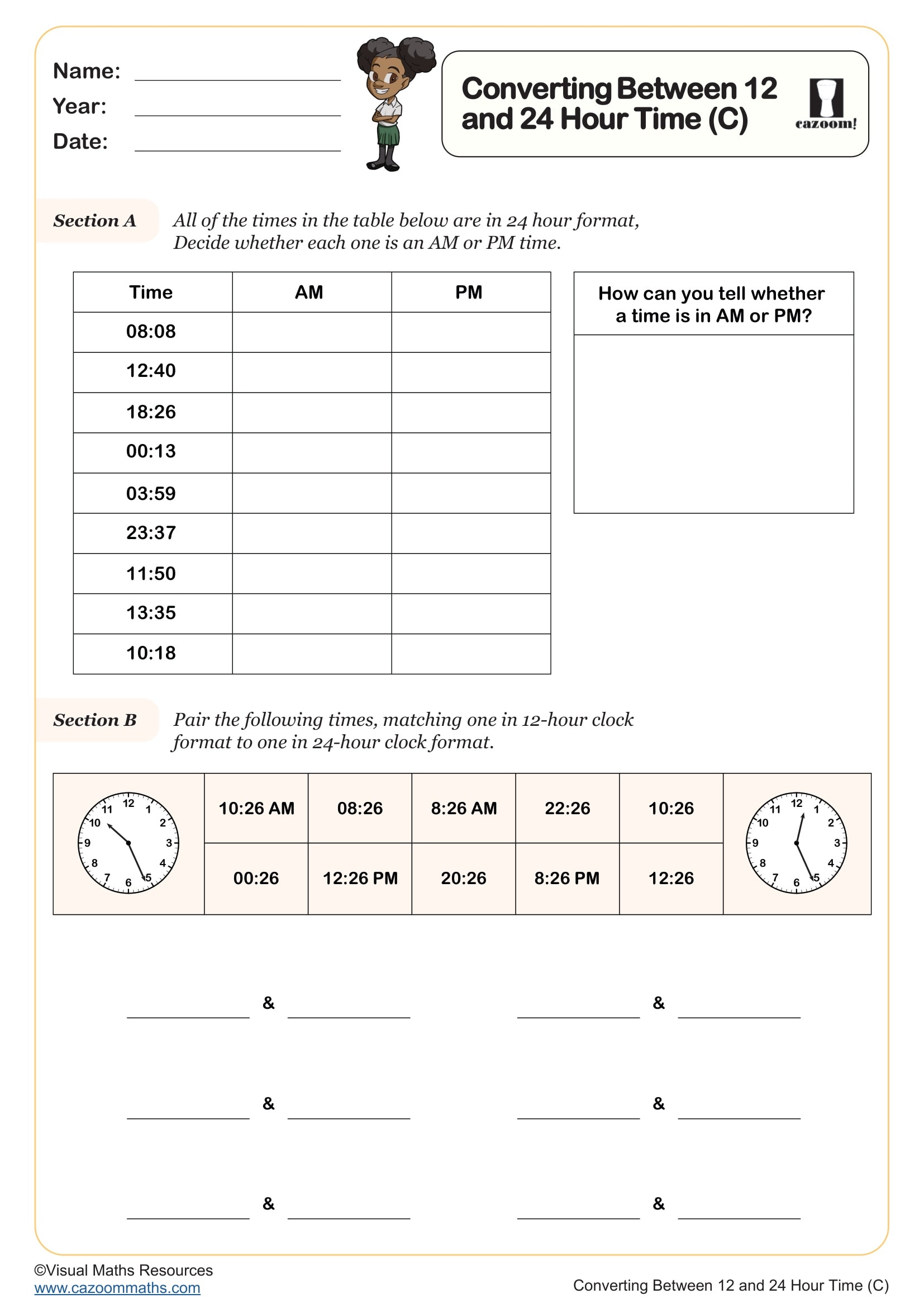 Preview of Converting Between 12 and 24 Hour Time (C)