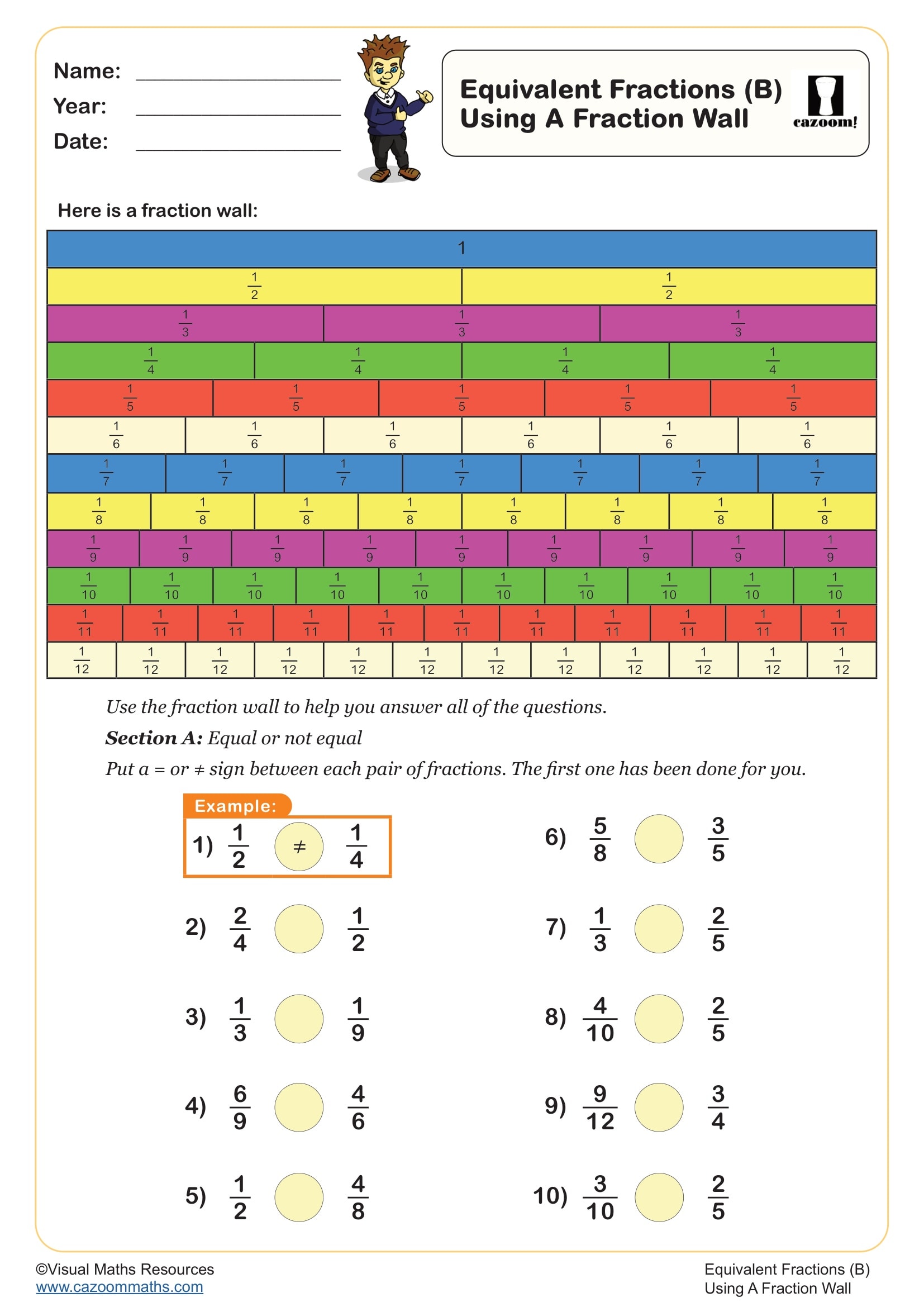 Preview of Equivalent Fractions Using a Fraction Wall (B)