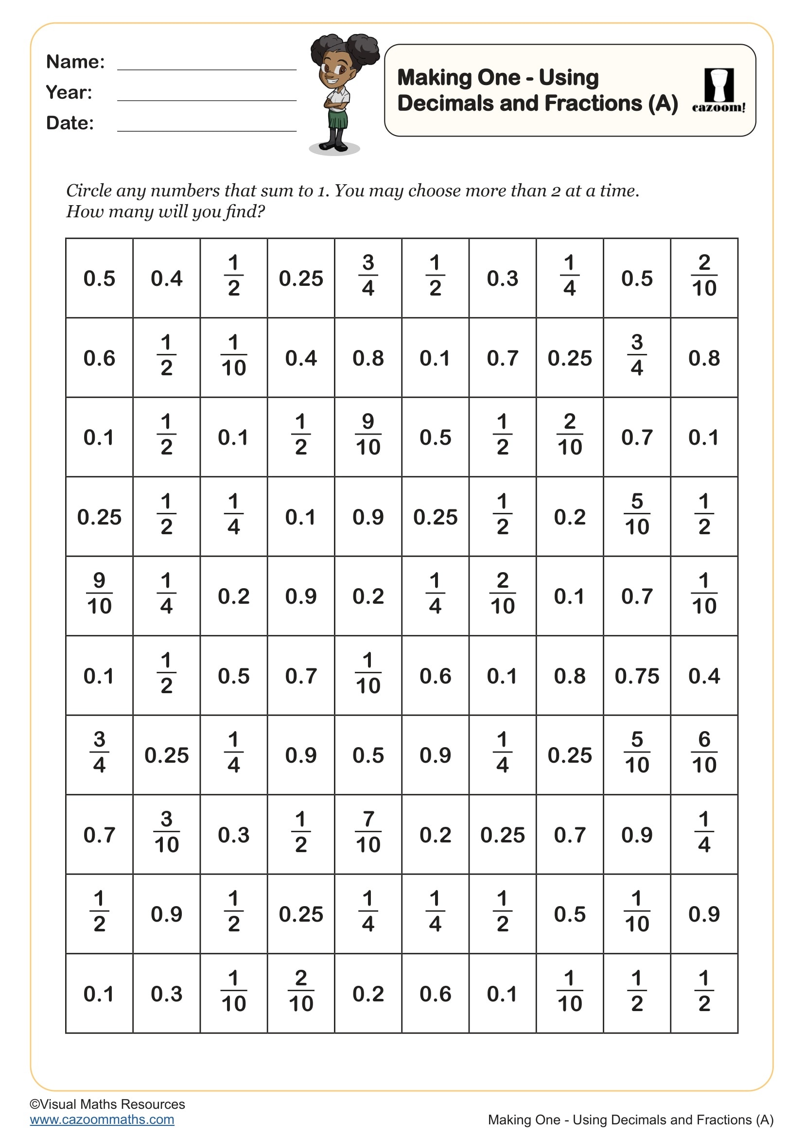 Preview of Making One Using Decimals and Fractions (A)