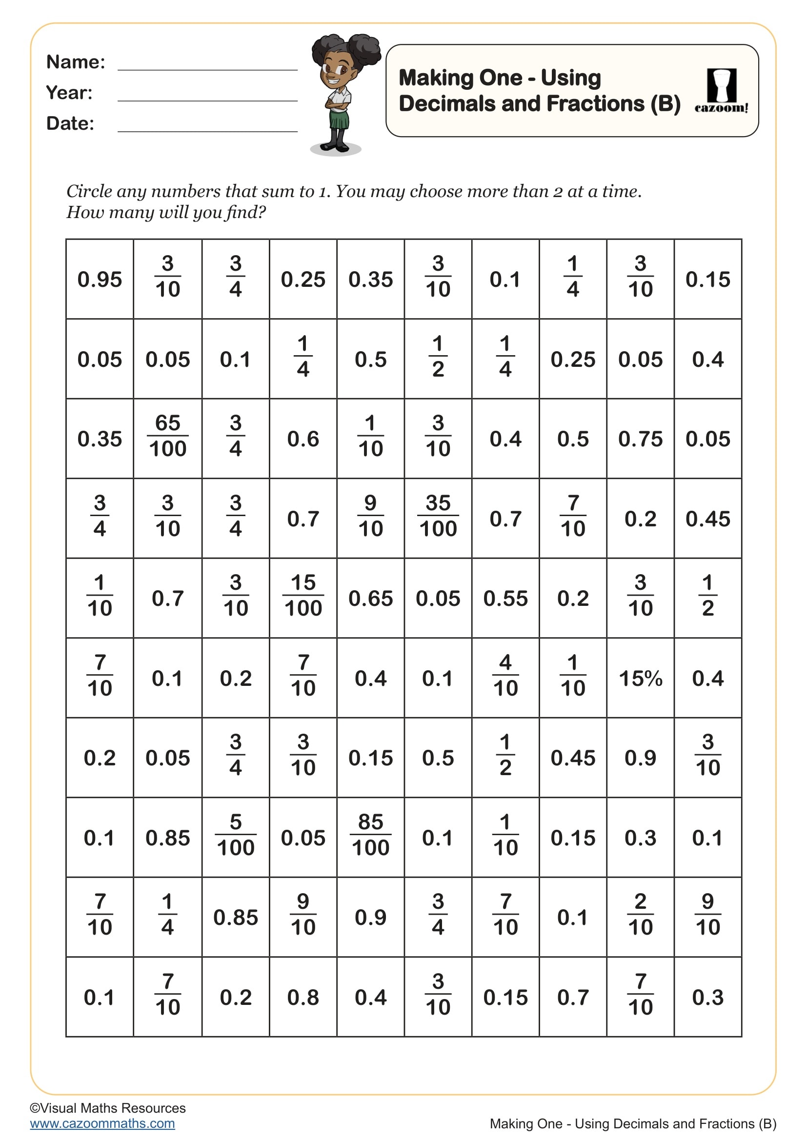 Preview of Making One Using Decimals and Fractions (B)