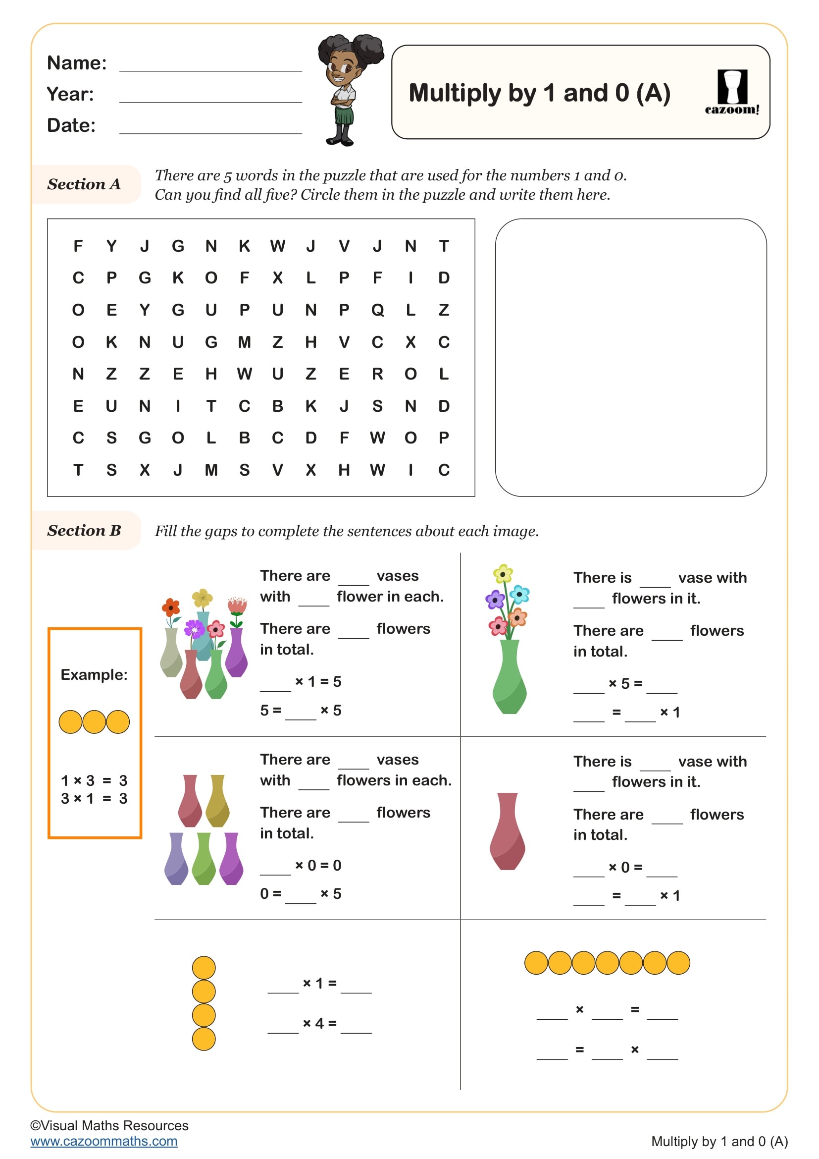 Cazoom Maths Multiply By 1 And 0 A