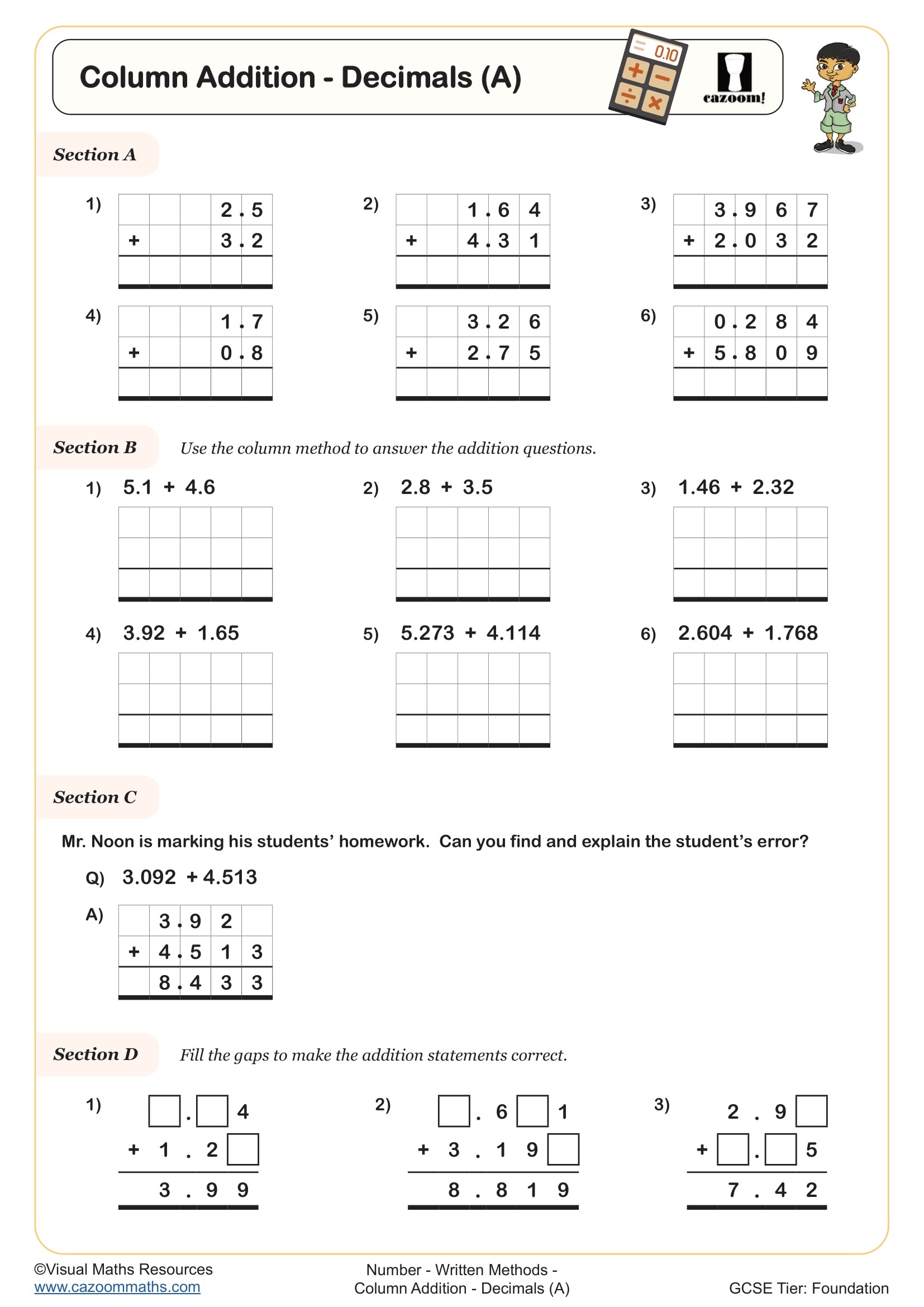 Preview of Column Addition - Decimals (A)