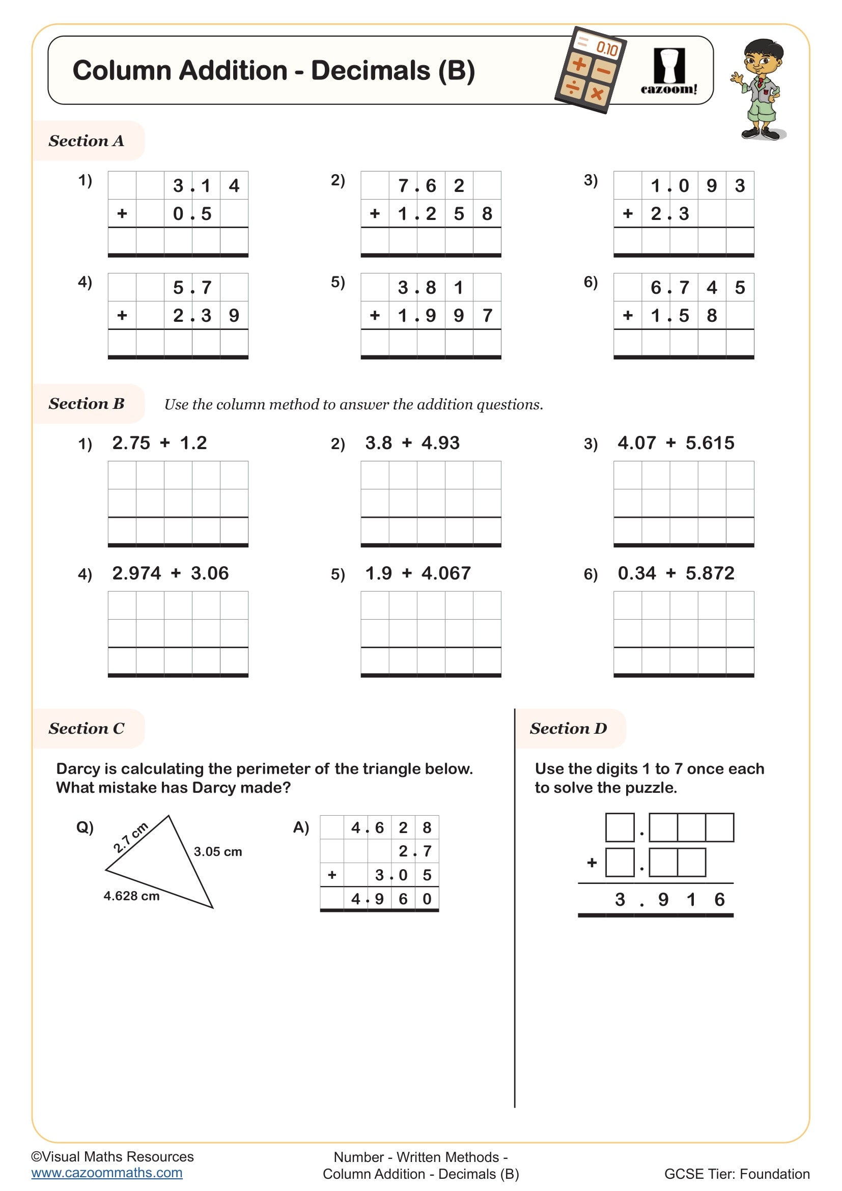 Preview of Column Addition - Decimals (B)