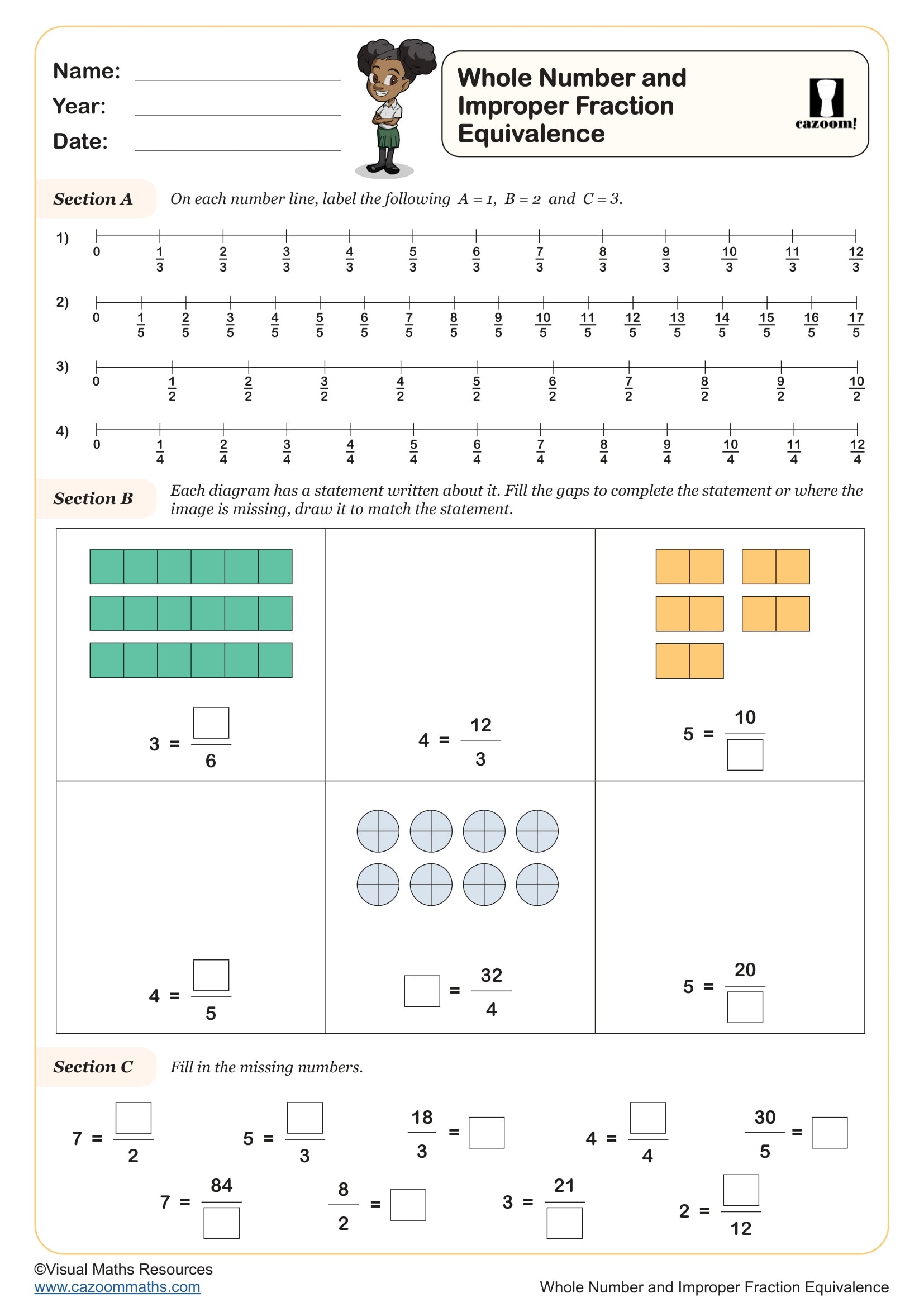 Preview of Whole Number and Improper Fraction Equivalence
