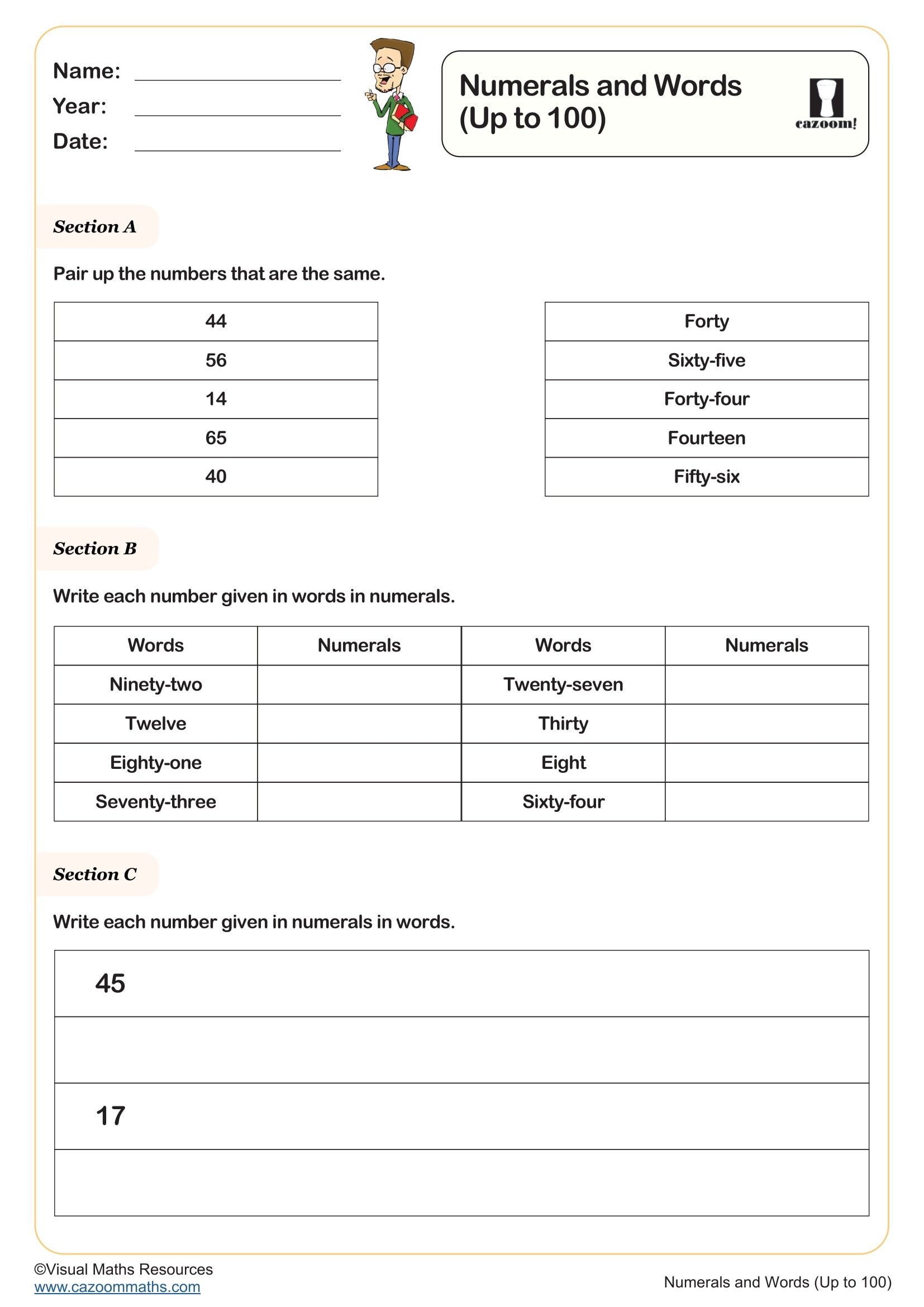Cazoom Maths Numerals And Words 28up To 10029
