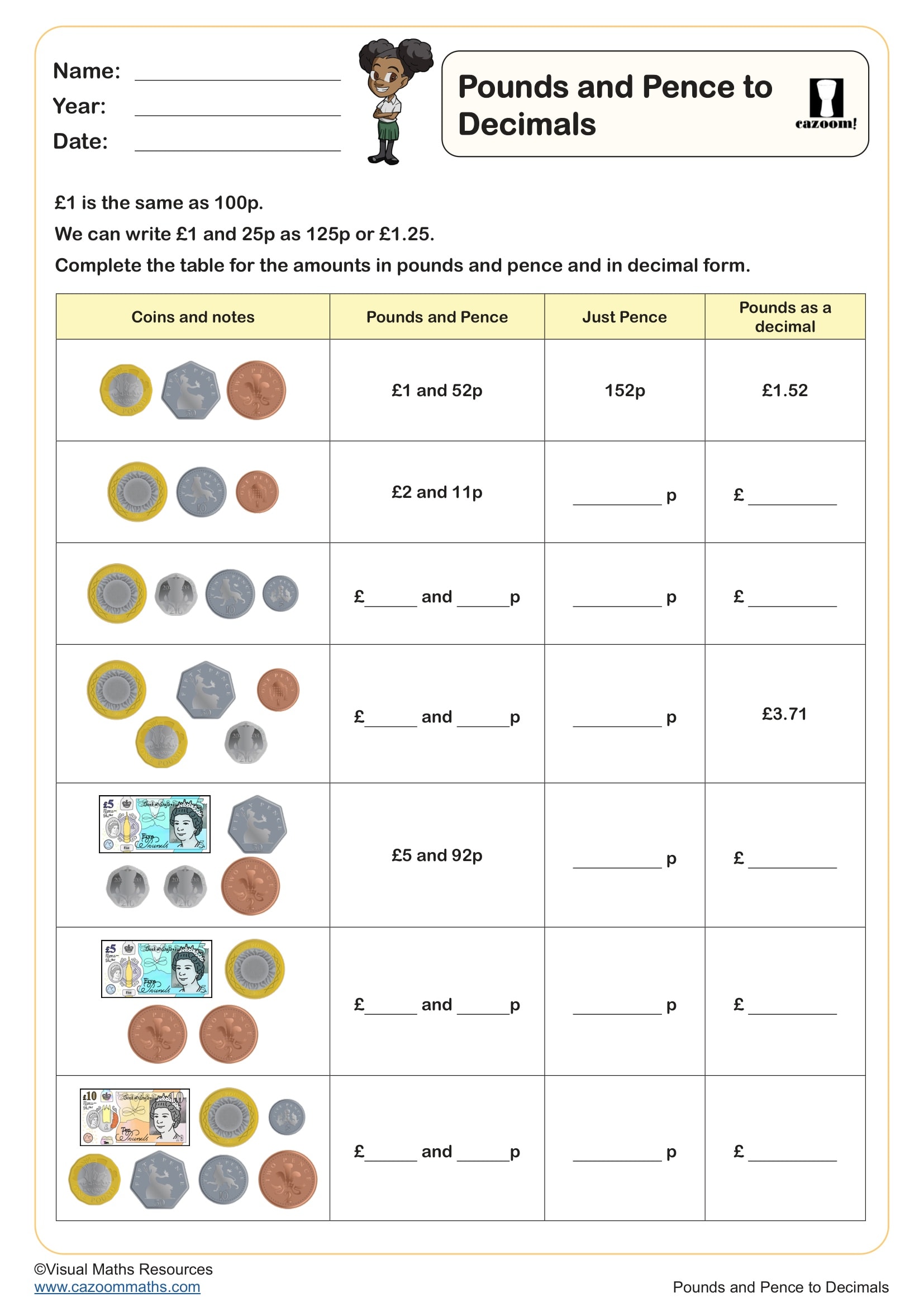 Preview of Pounds and Pence to Decimals