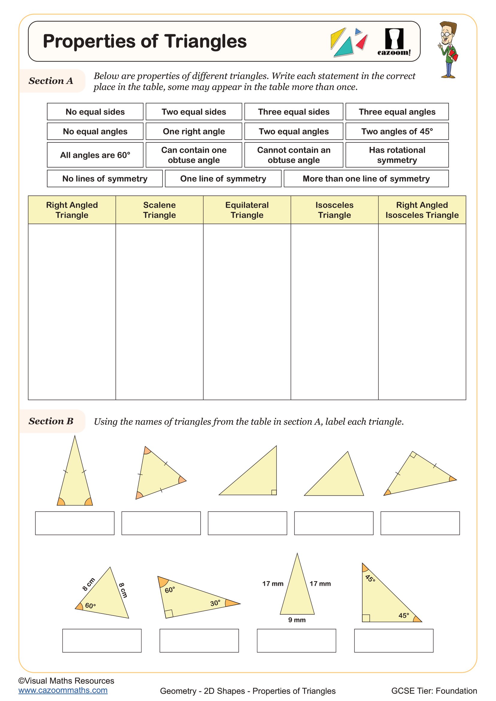 Cazoom Maths Properties Of Triangles Worksheet 1