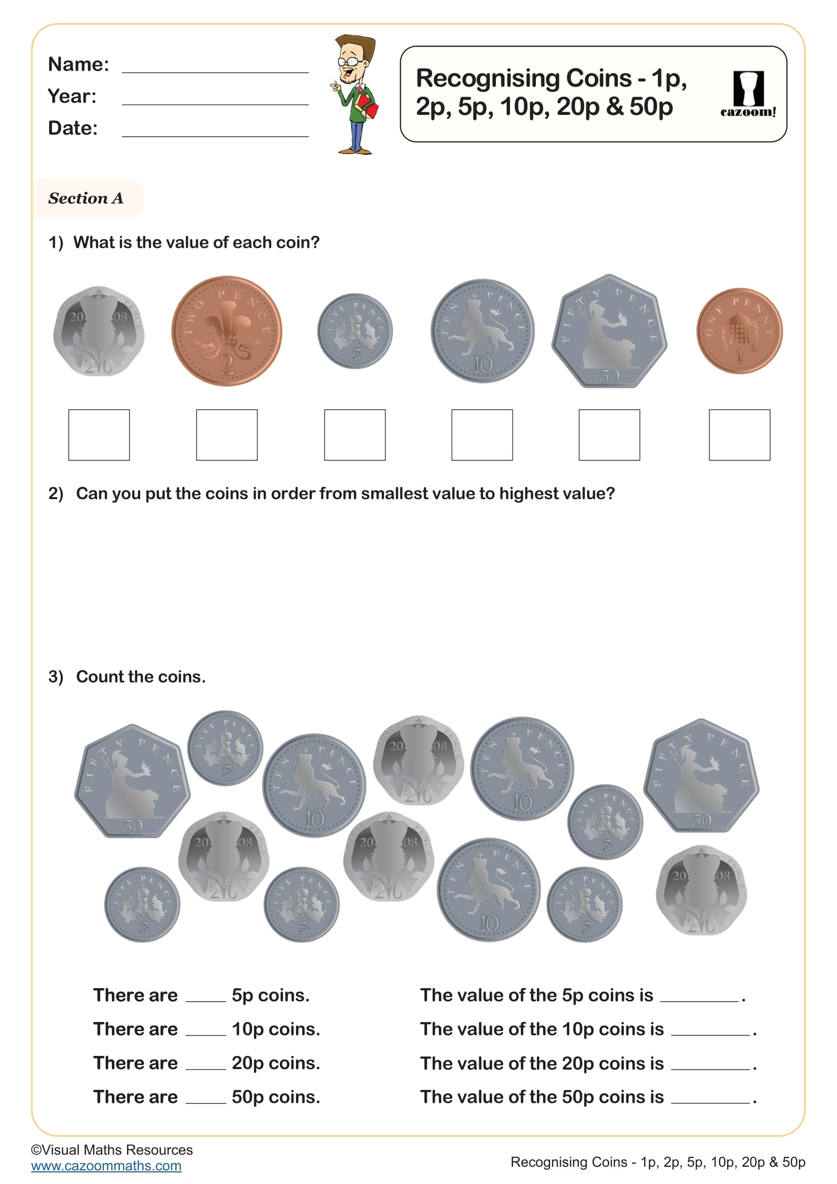 Preview of Recognising Coins - 1p, 2p, 5p, 10p, 20p & 50p