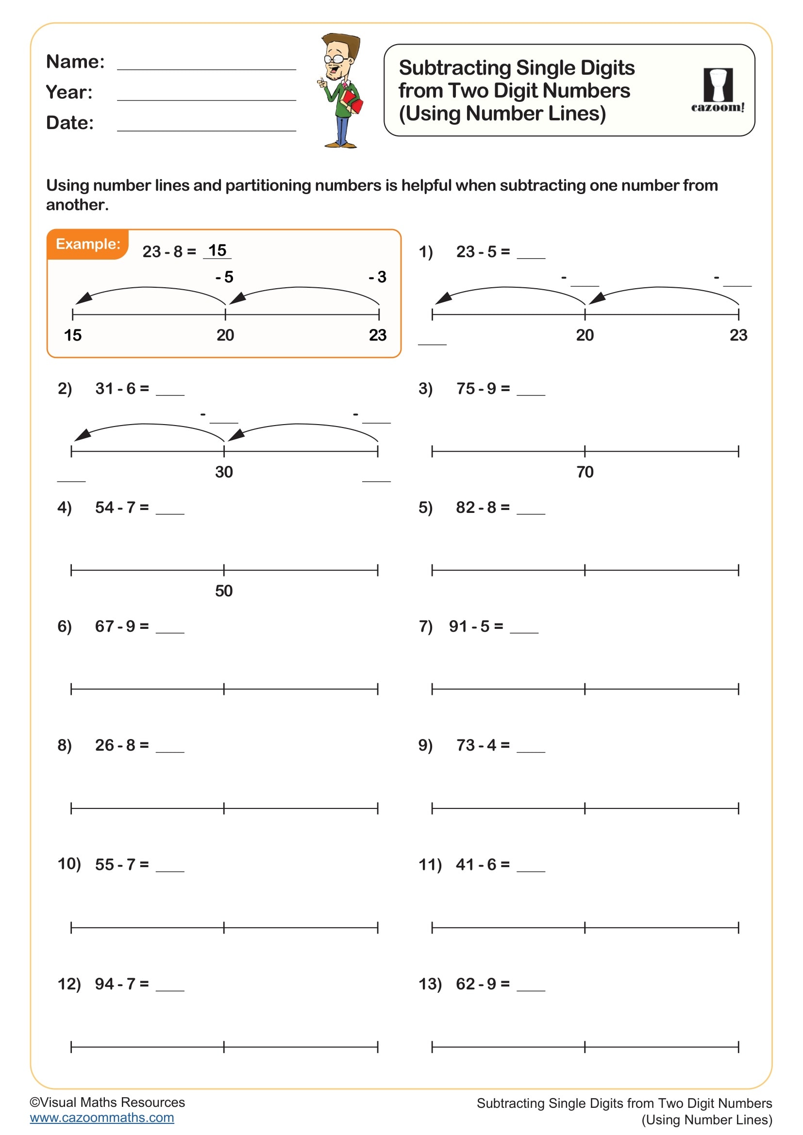 Preview of Subtracting Single Digits from Two Digit Numbers (Using Number Lines)