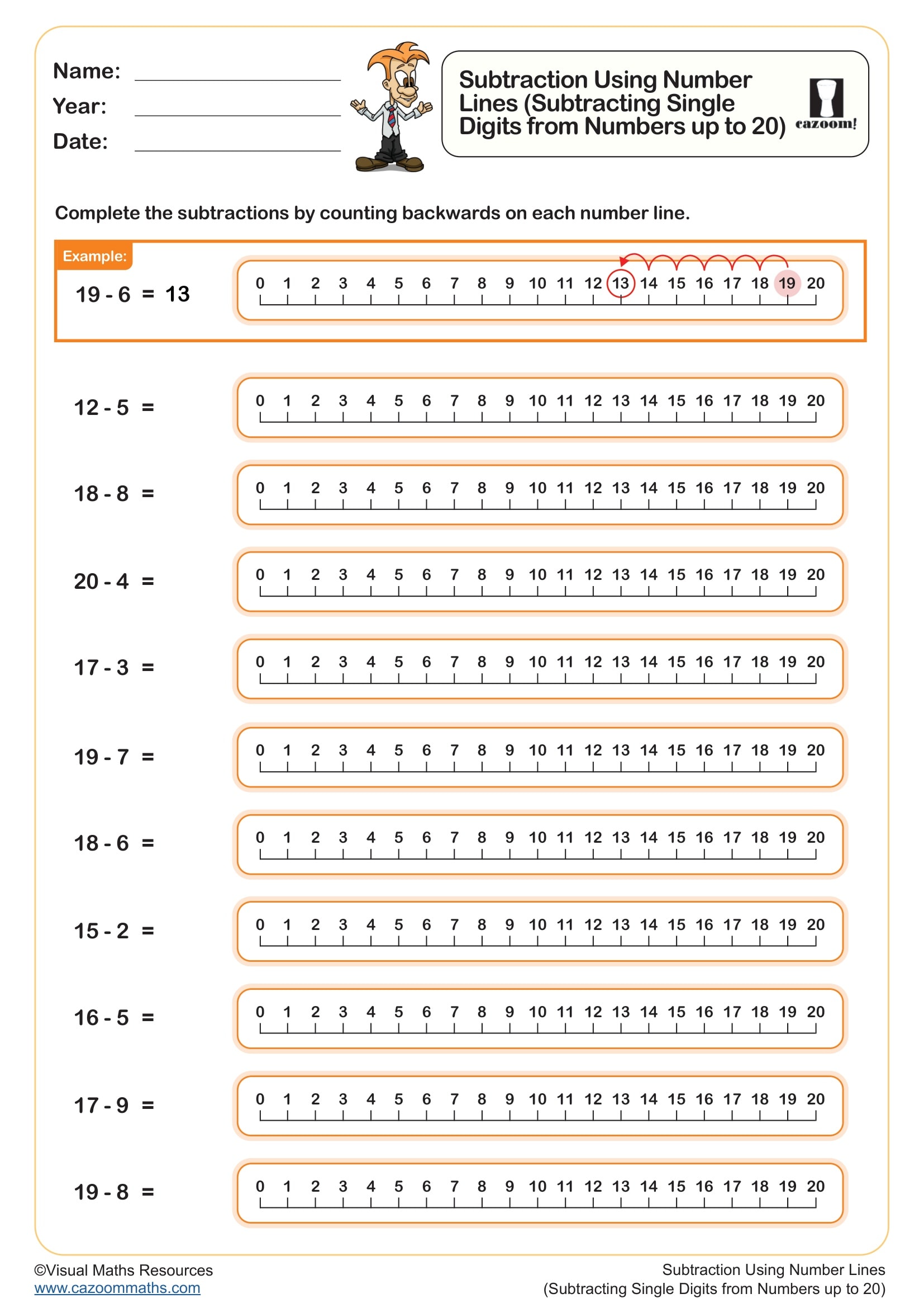 Cazoom Maths Subtraction Using Number Lines 28subtracting Single Digits From Numbers Up To 2029