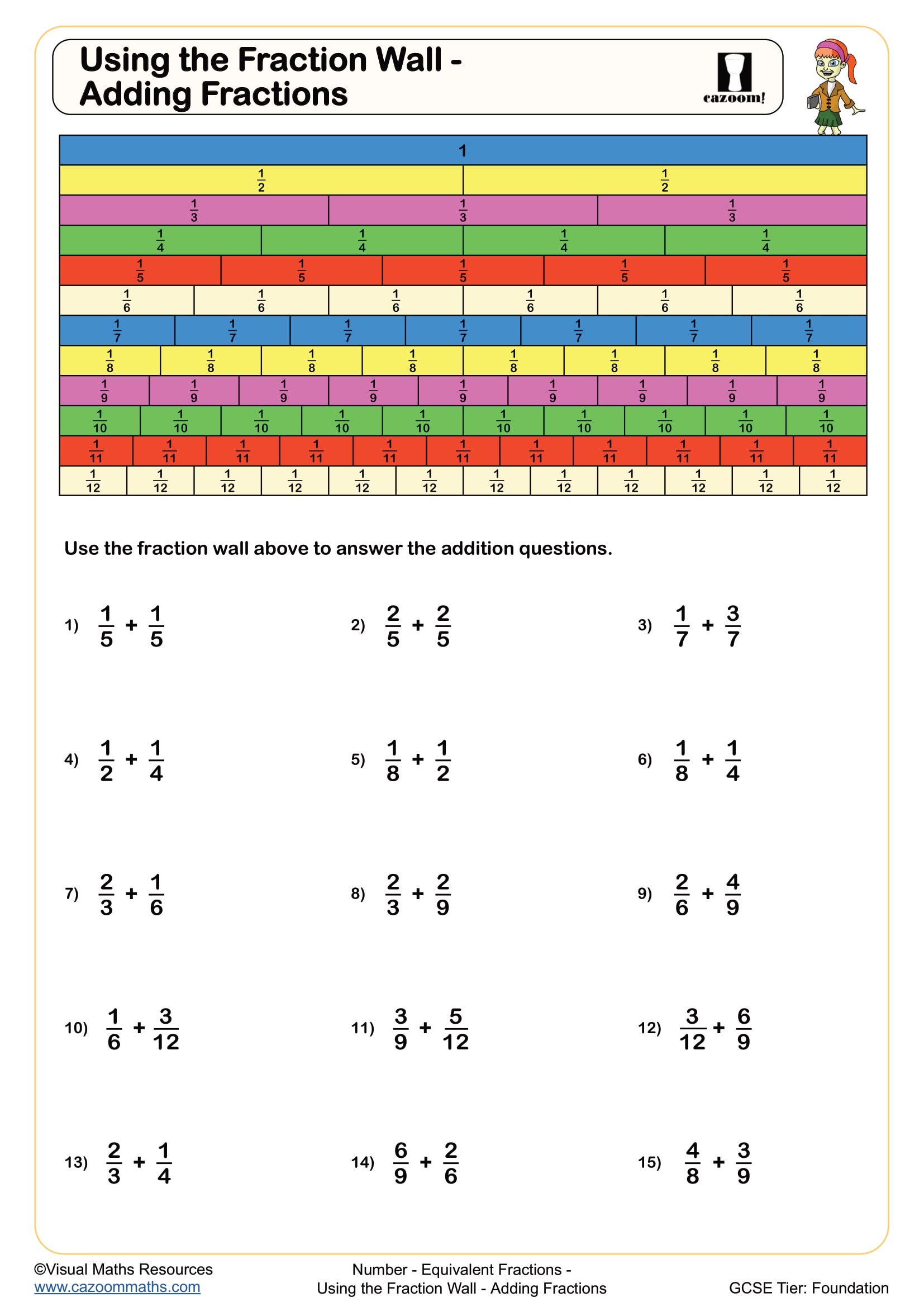 Cazoom Maths Using The Fraction Wall Adding Fractions