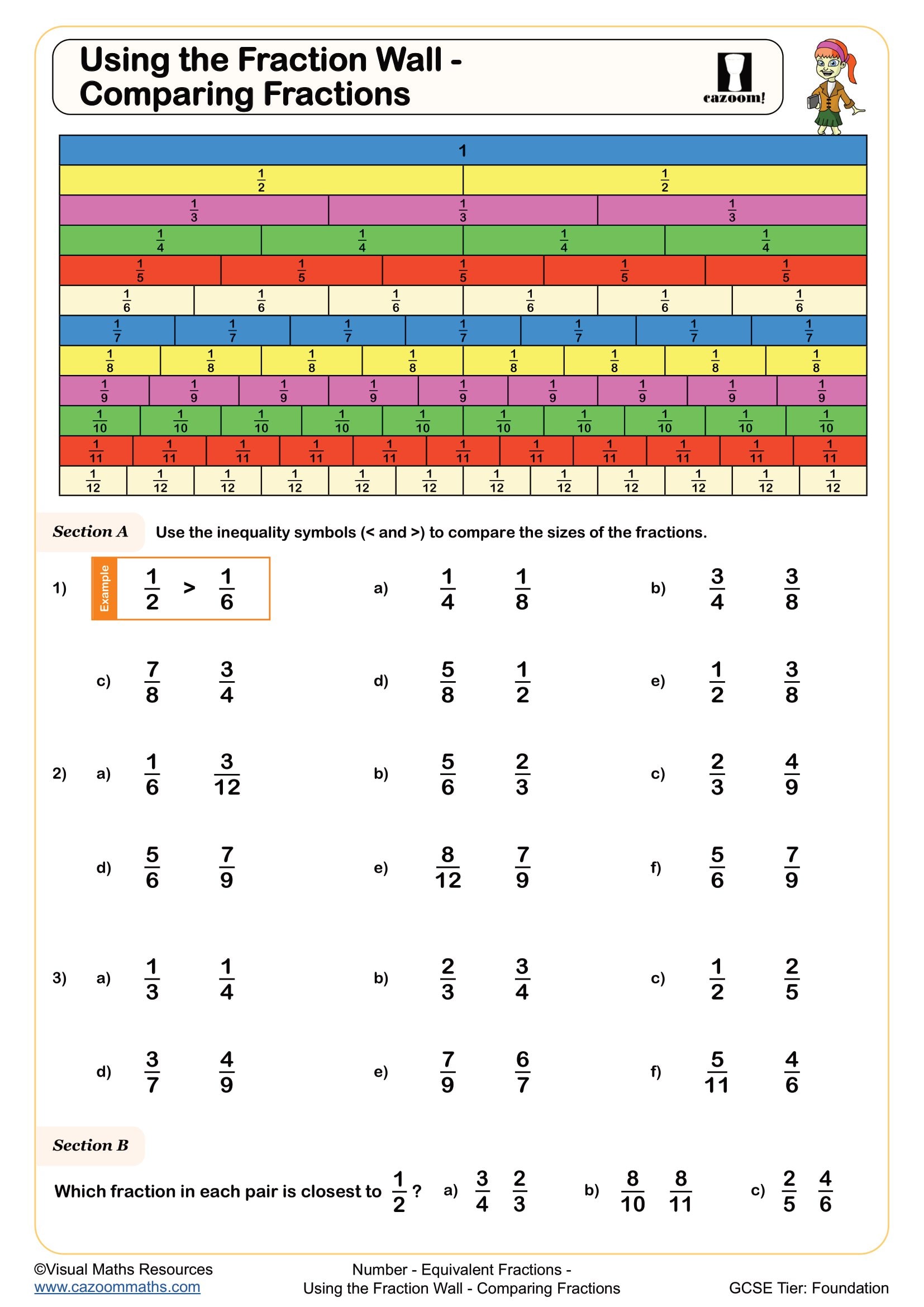 Using a Fraction Wall - Comparing Fractions | Printable PDF Year 7 and ...