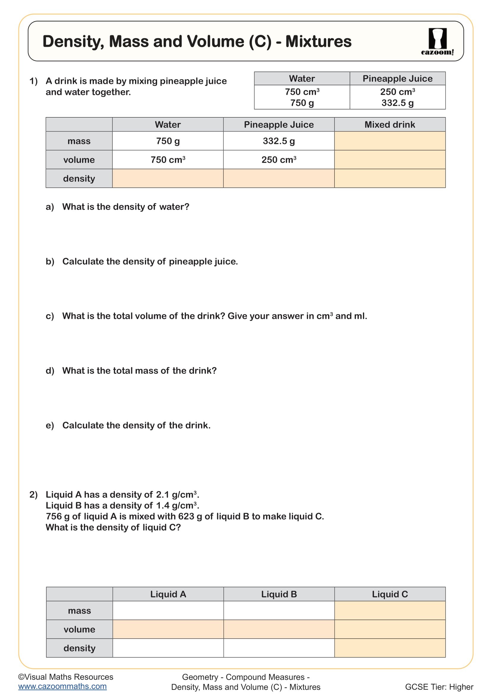 Cazoom Maths Density2C Mass And Volume 28C29