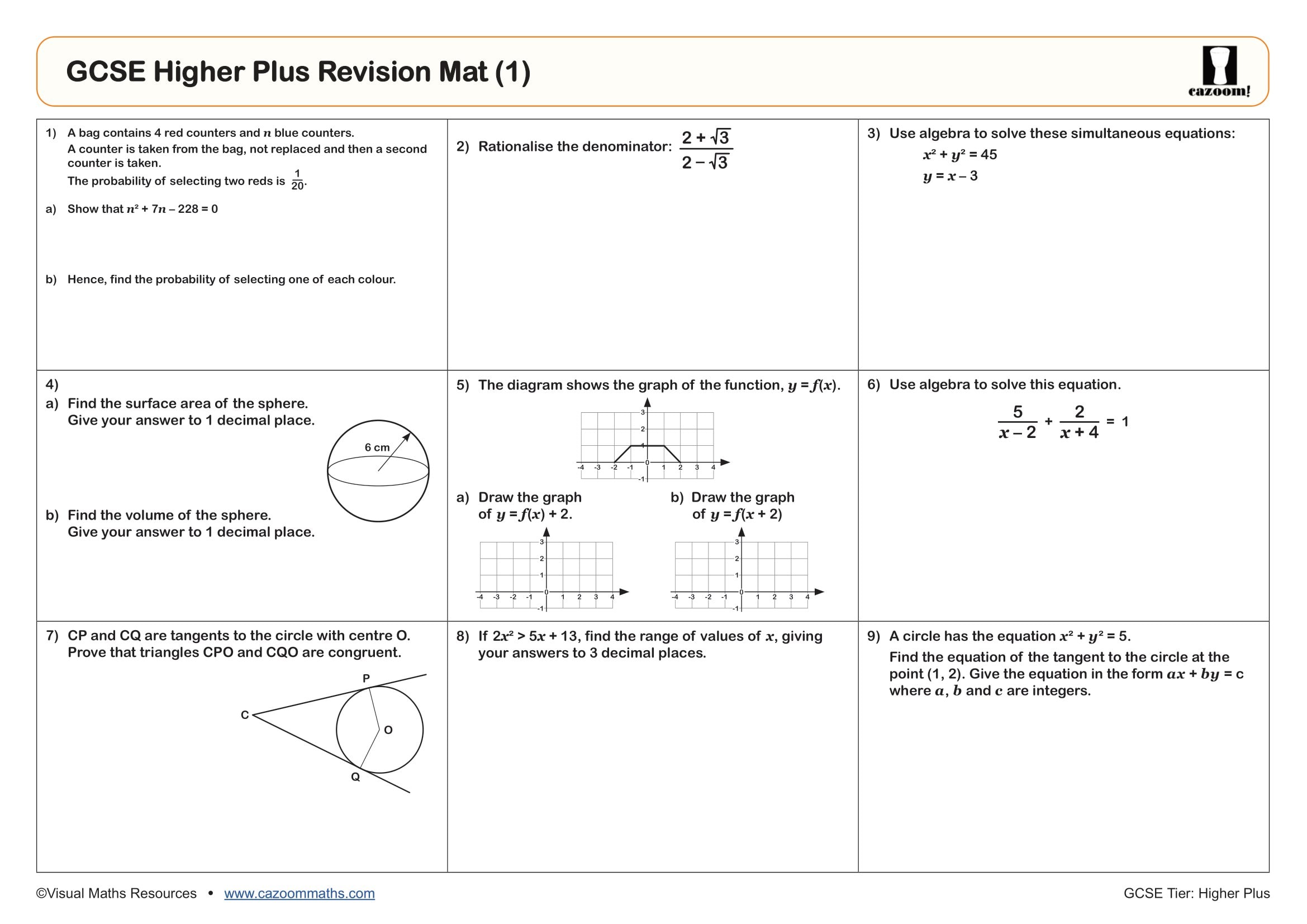 Cazoom Maths GCSE Higher Plus Revision Mat 1
