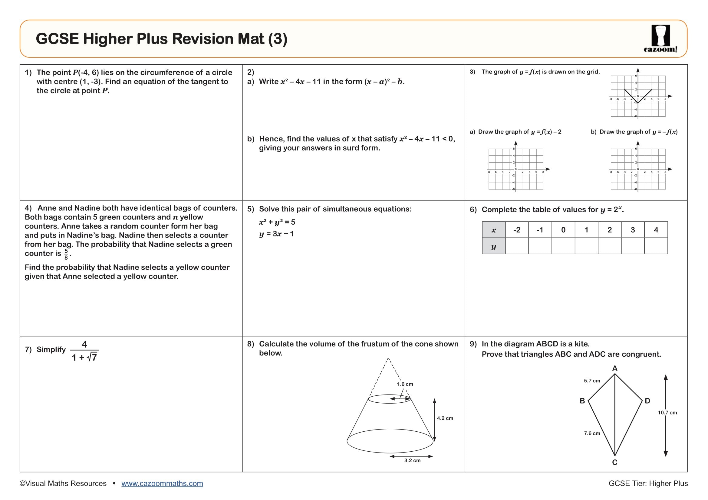 Cazoom Maths GCSE Higher Plus Revision Mat 3
