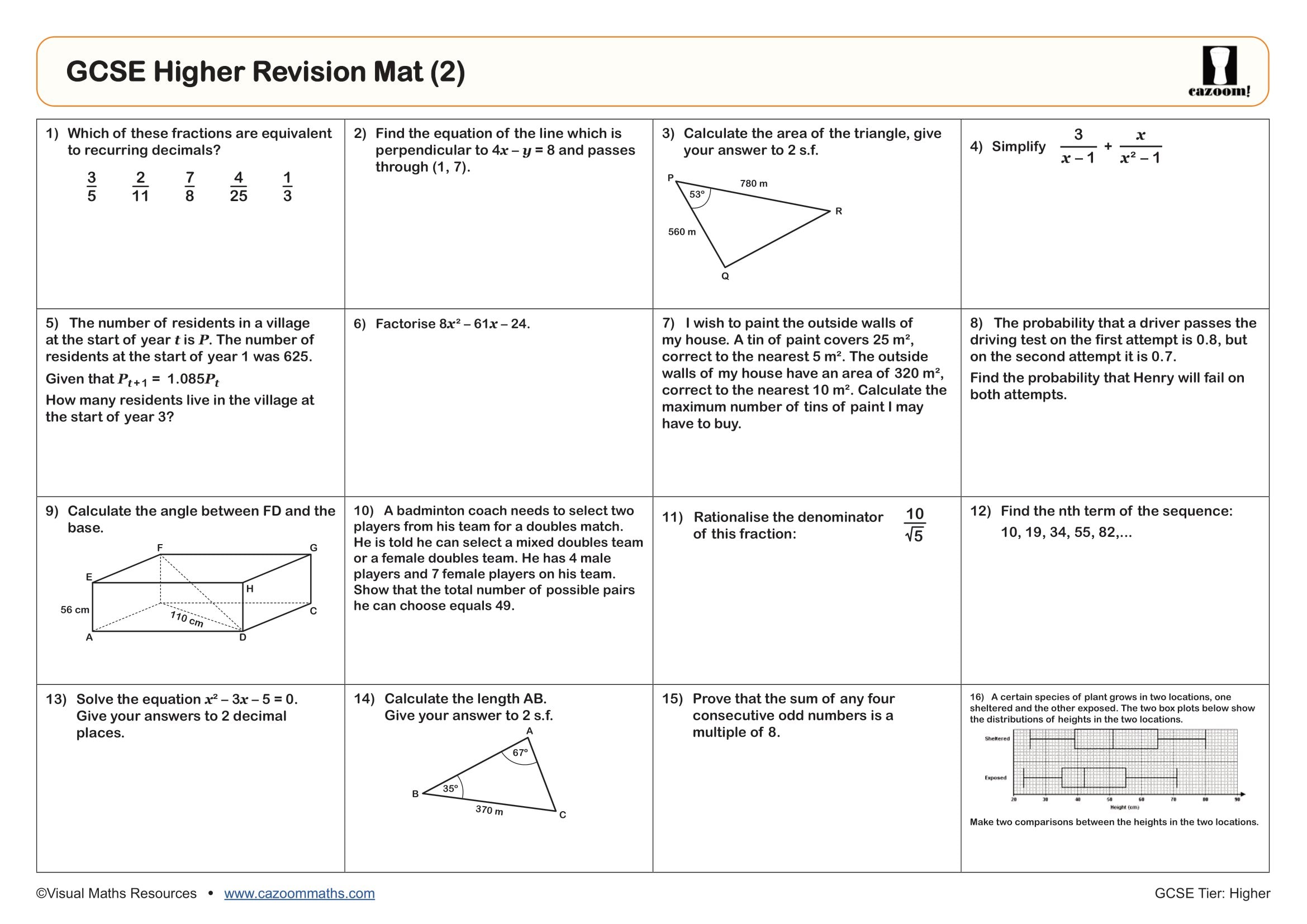 Cazoom Maths GCSE Higher Revision Mat 2