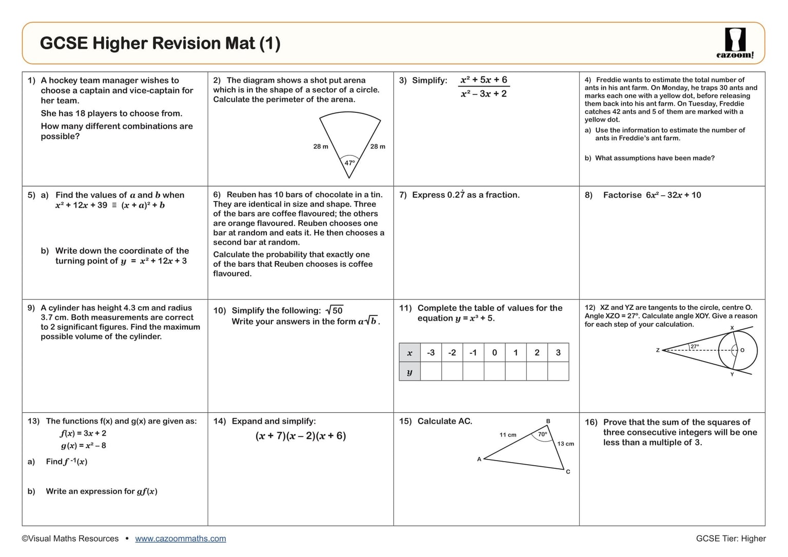 GCSE Higher Revision Mat (3) Worksheet | Comprehensive GCSE Maths ...