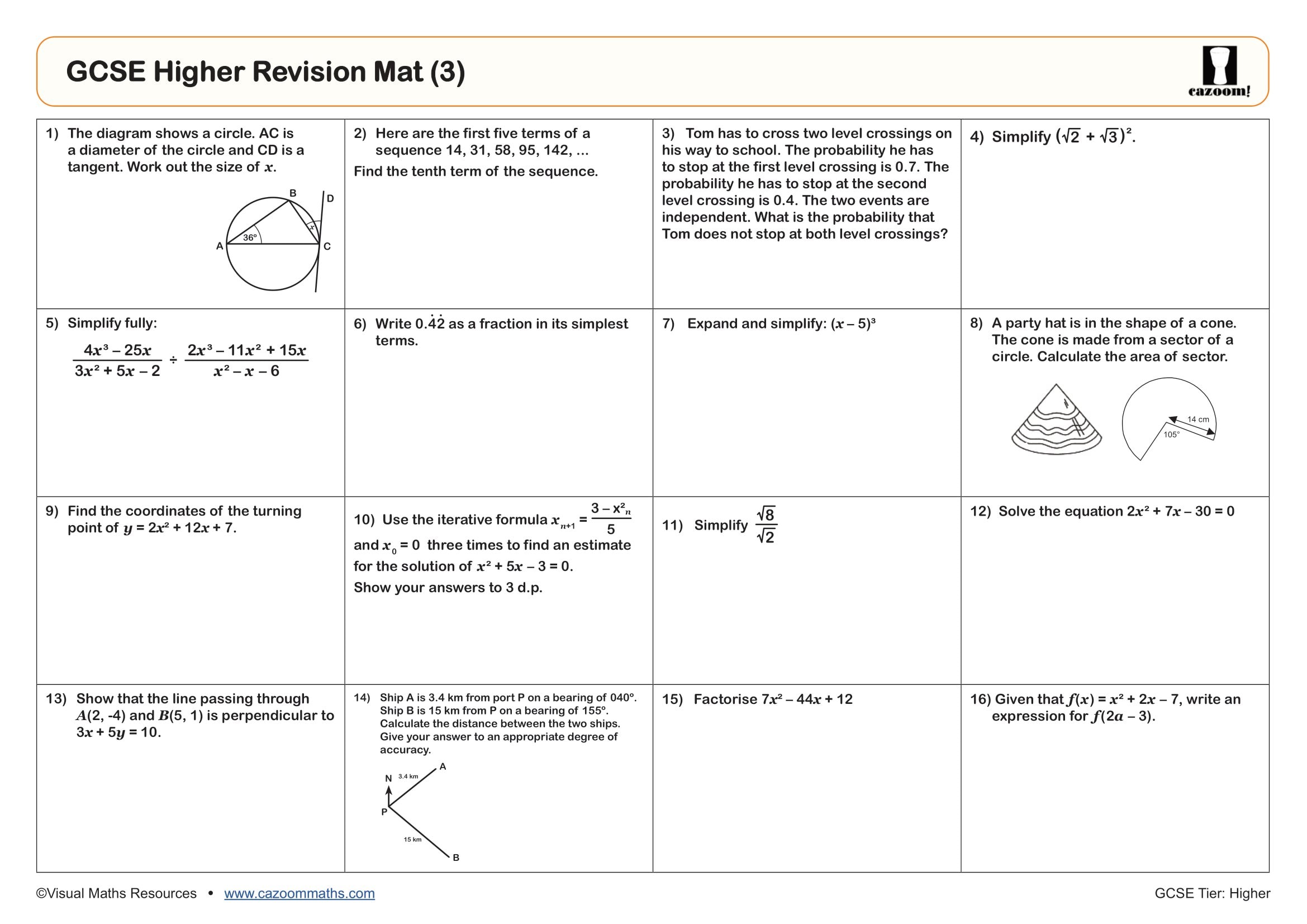 Cazoom Maths GCSE Higher Revision Mat 3