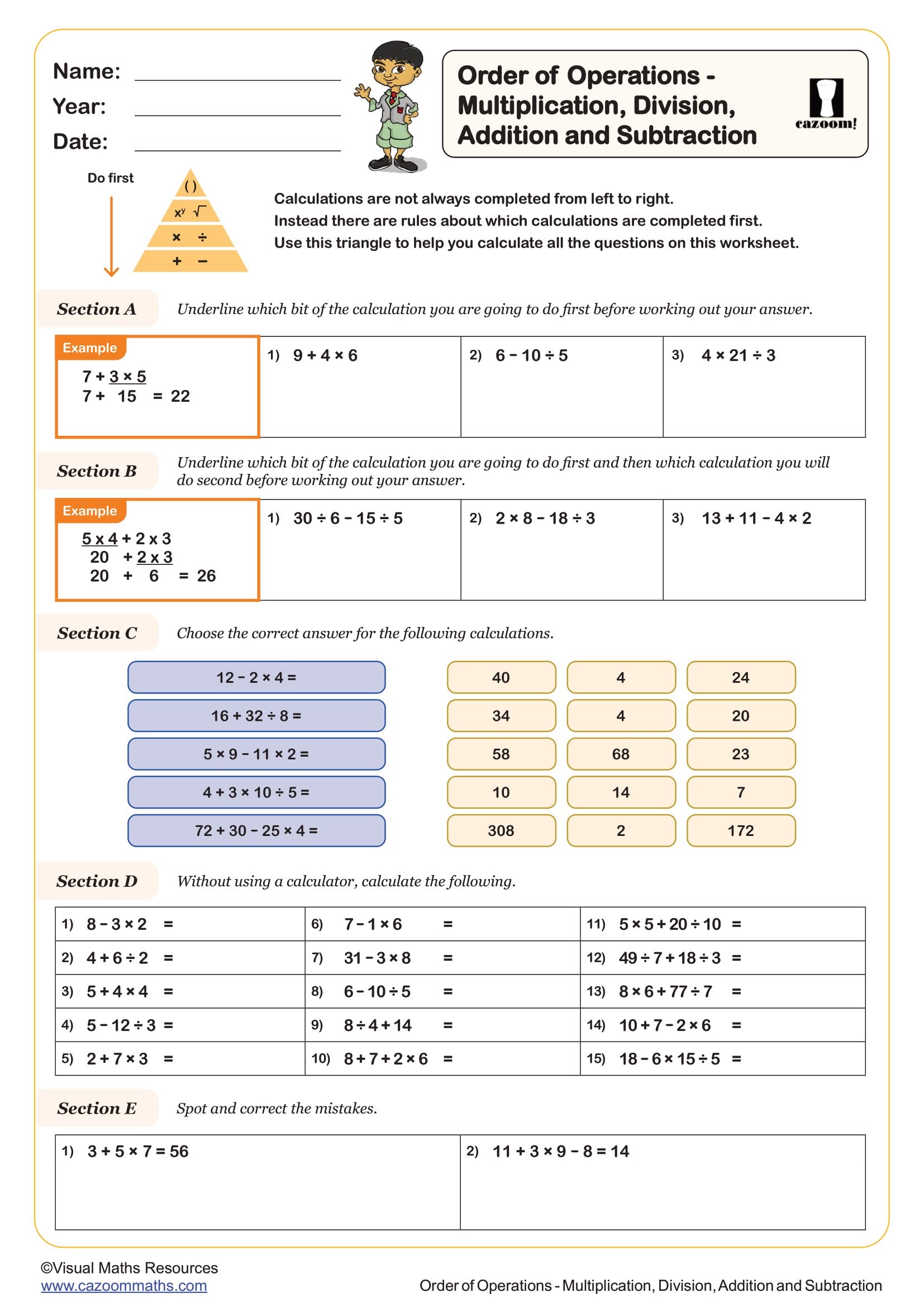 Cazoom Maths Order Of Operations Multiplication Division Addition And Subtraction