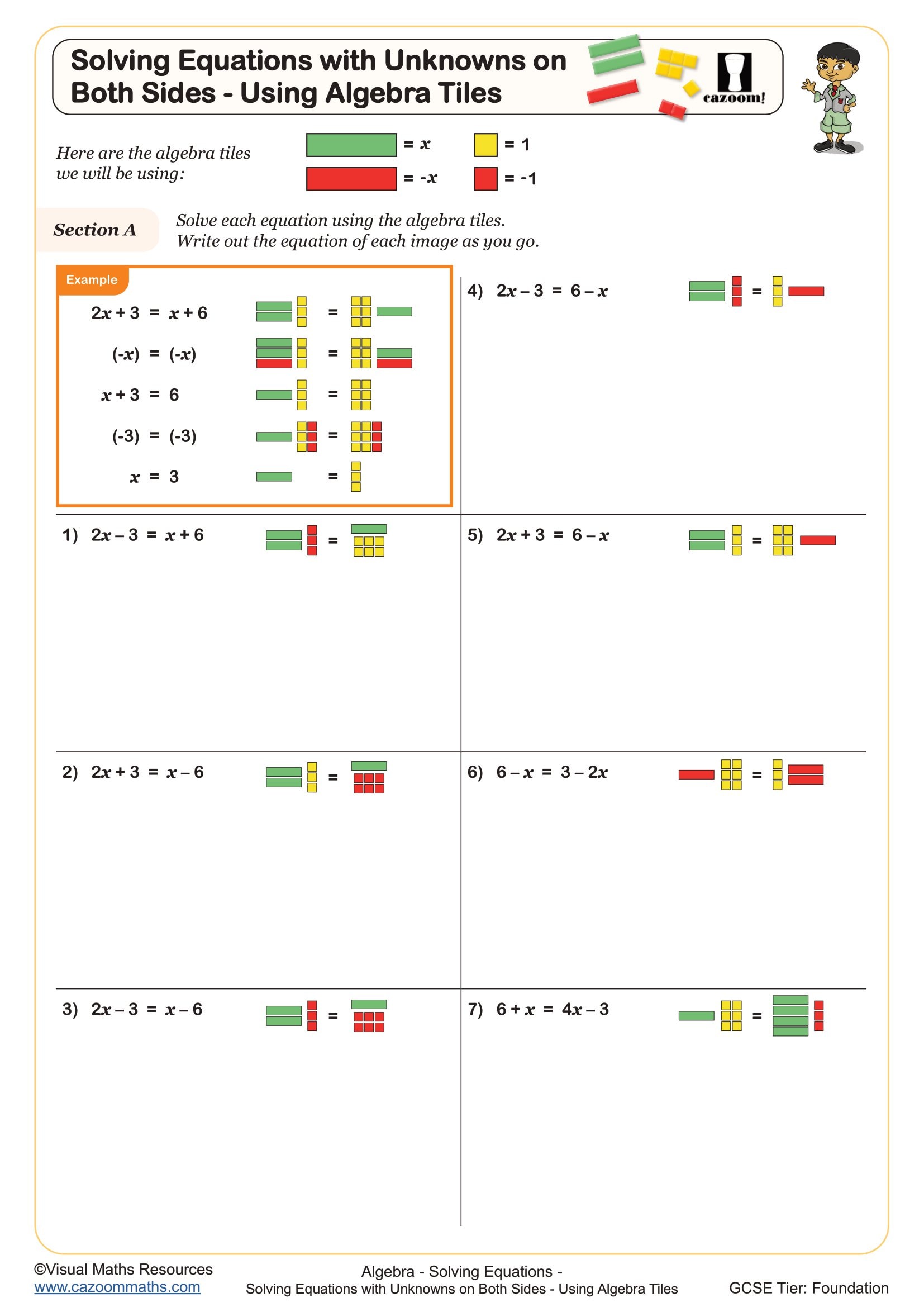 Preview of Solving Equations with Unknowns on Both Sides - Using Algebra Tiles