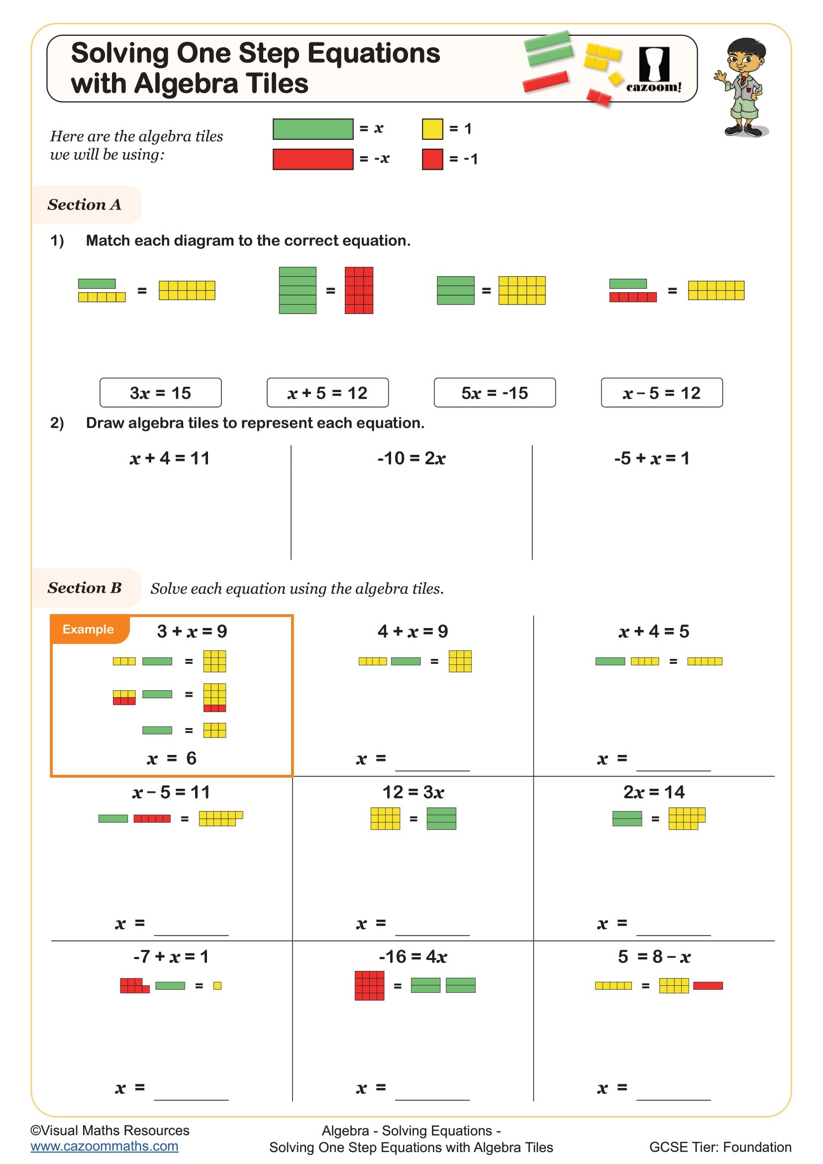 Preview of Solving One Step Equations with Algebra Tiles