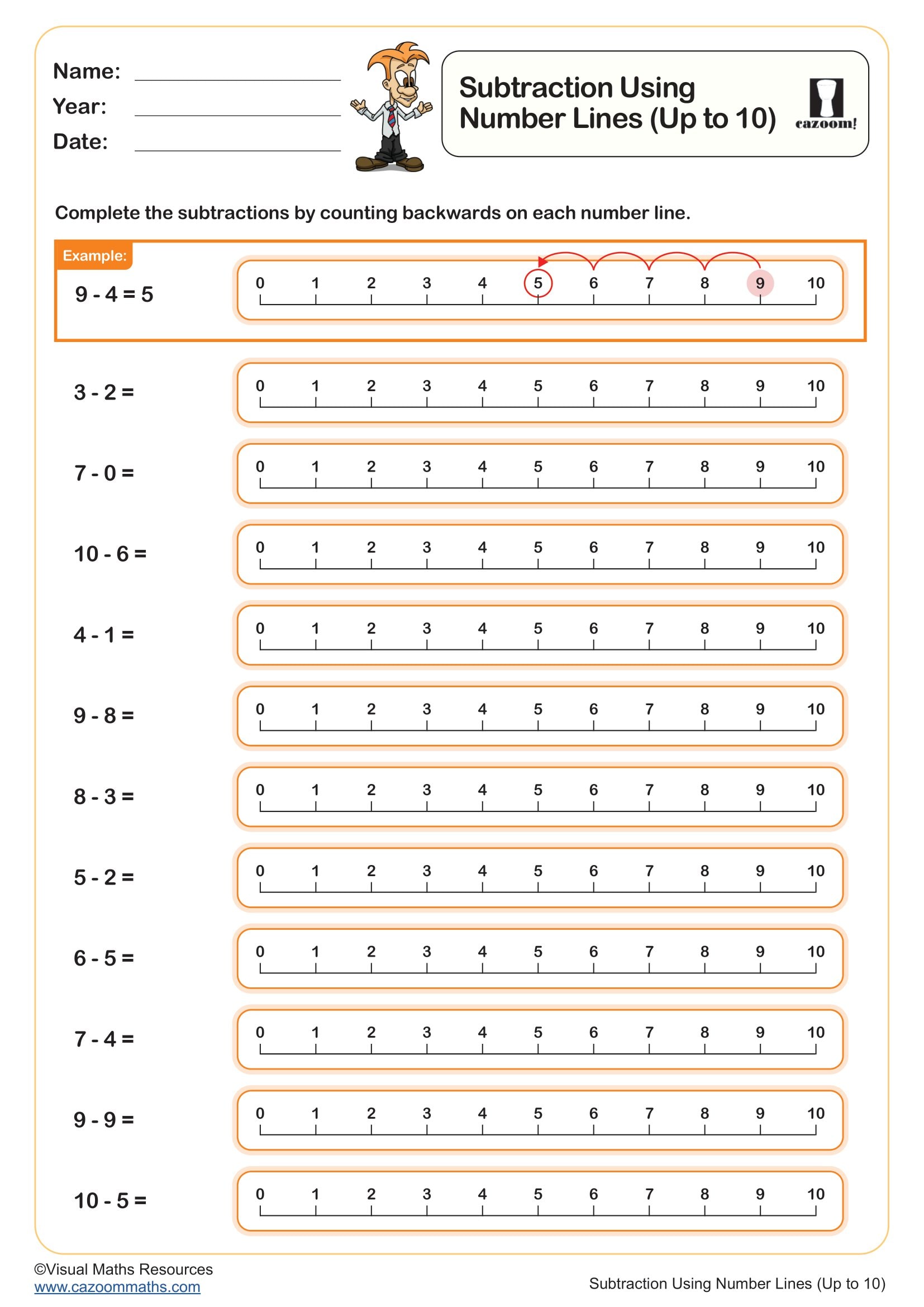 Cazoom Maths Subtraction Using Number Lines Up To 10 1