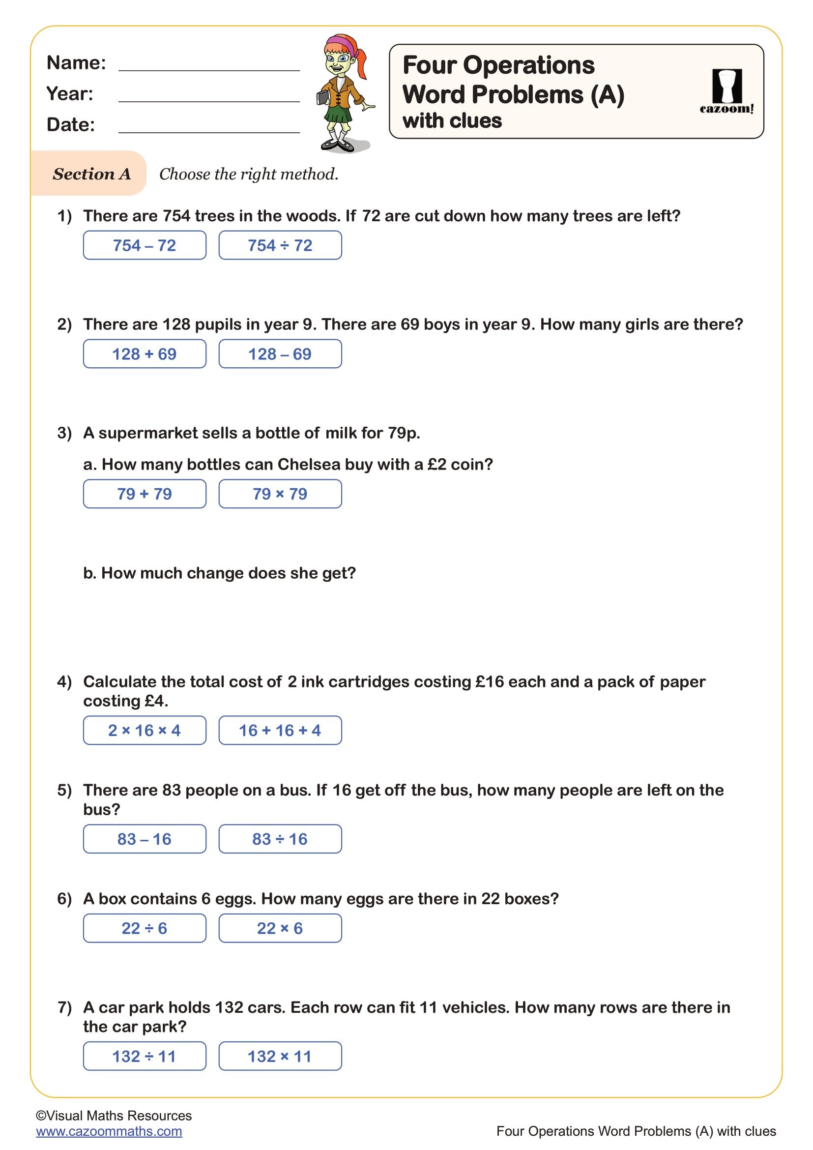 Preview of Four Operation Word Problems (A) with clues