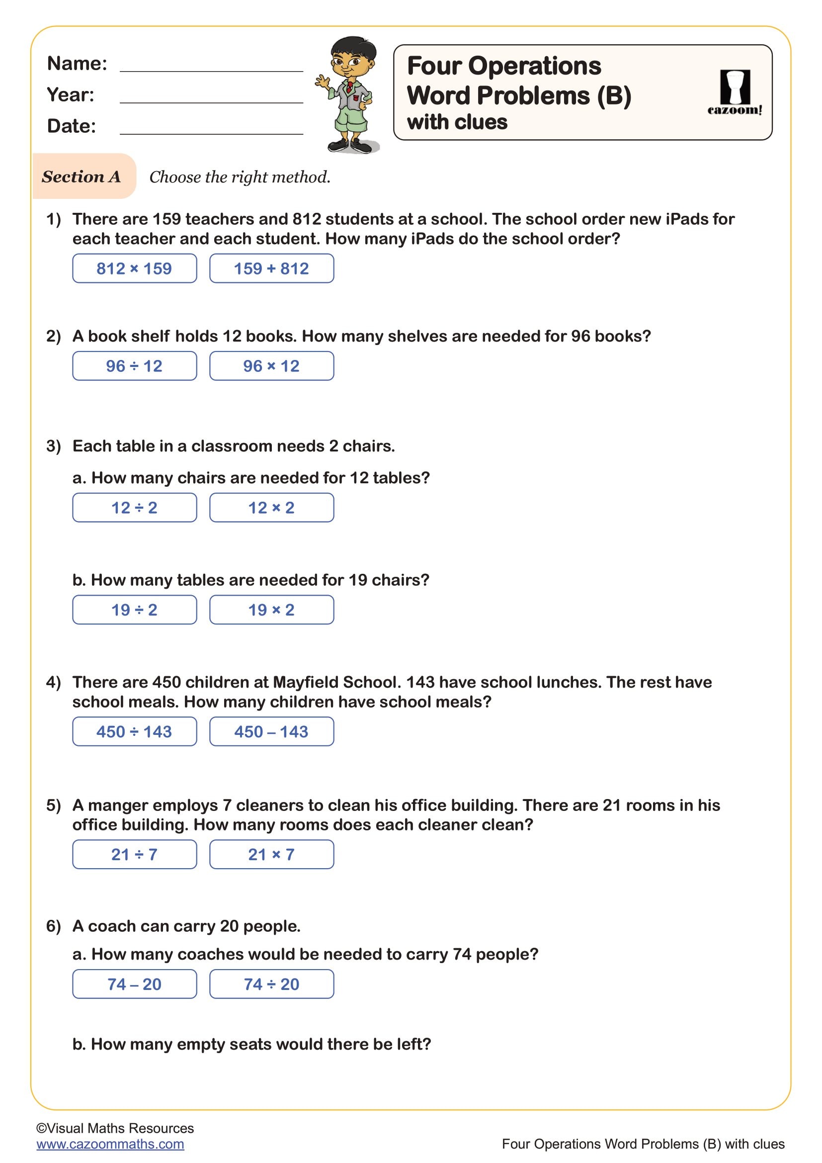 Preview of Four Operation Word Problems (B) with clues