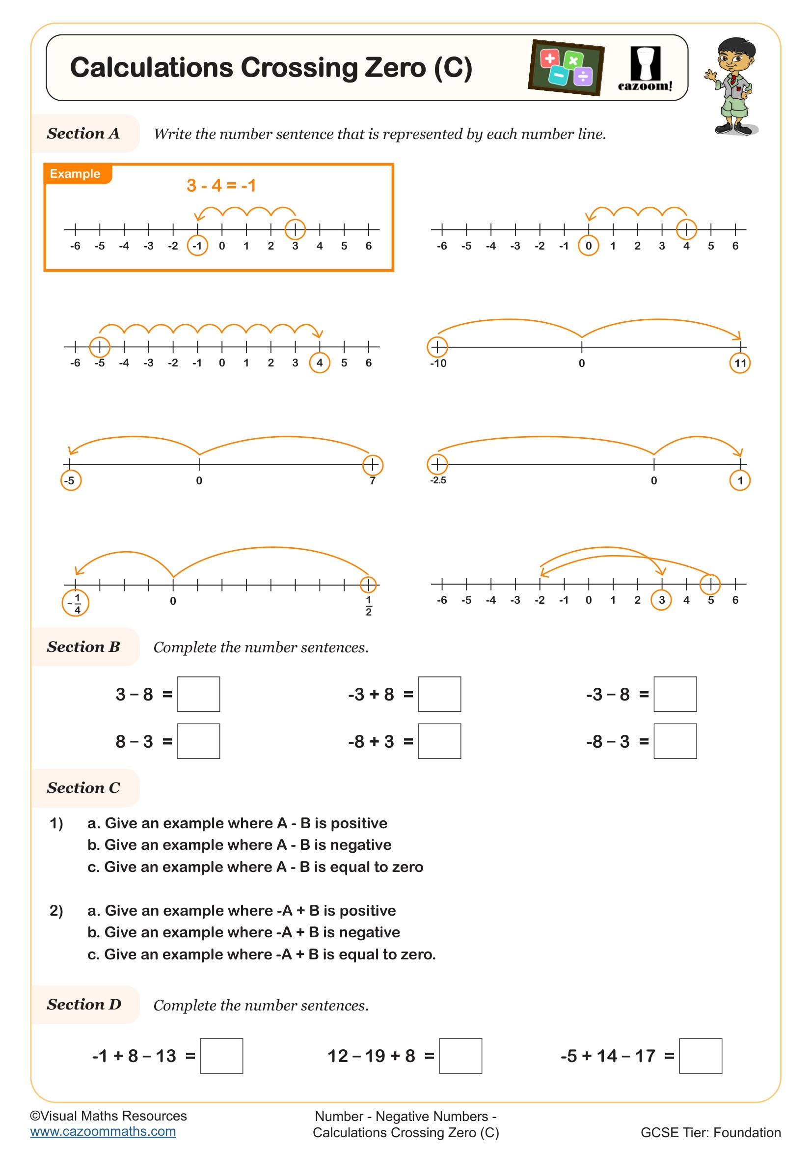 Cazoom Maths Calculations Crossing Zero 28C29 Worksheet